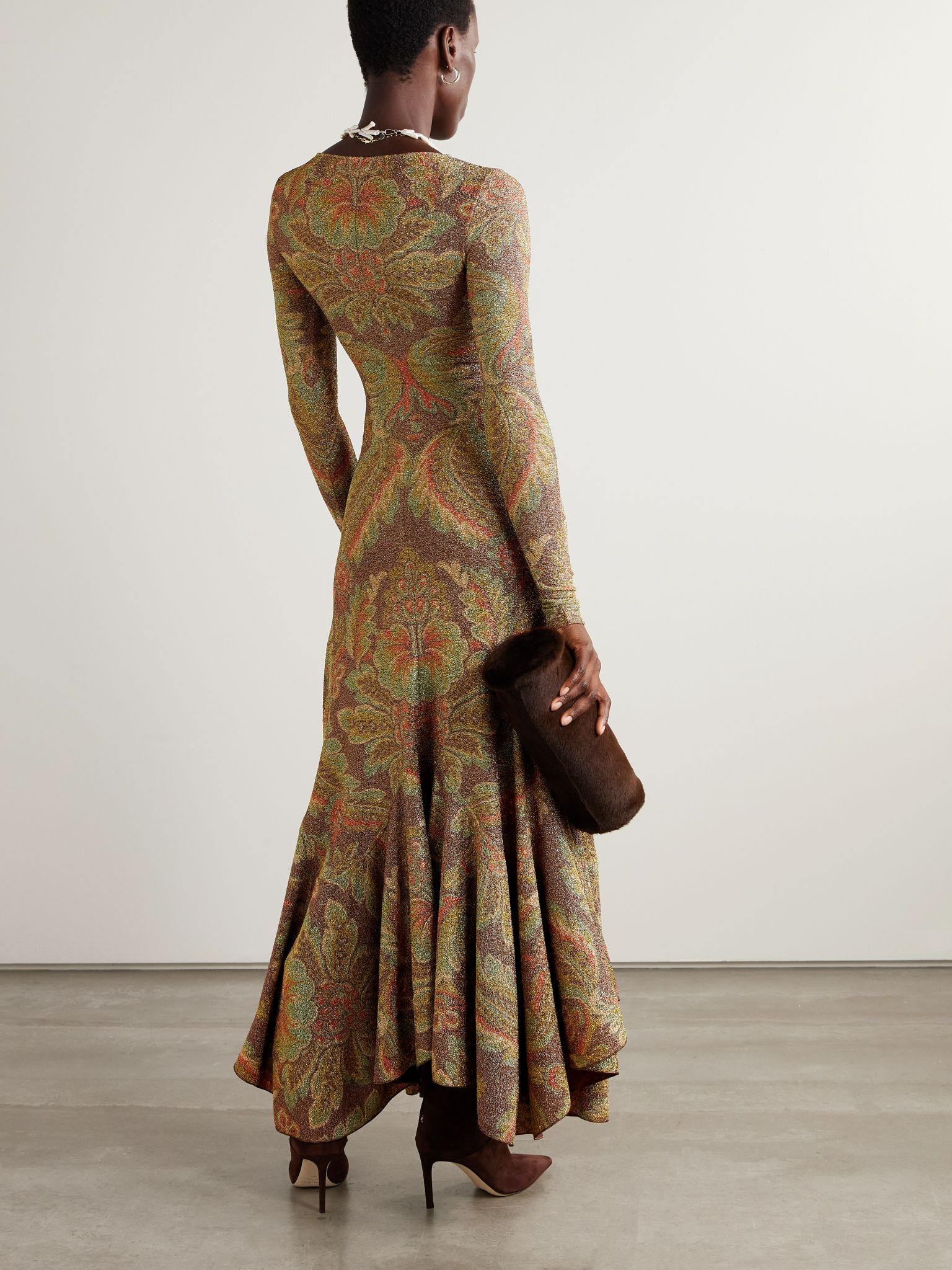 Asymmetric paisley-print metallic cloqué midi dress Brown - 3