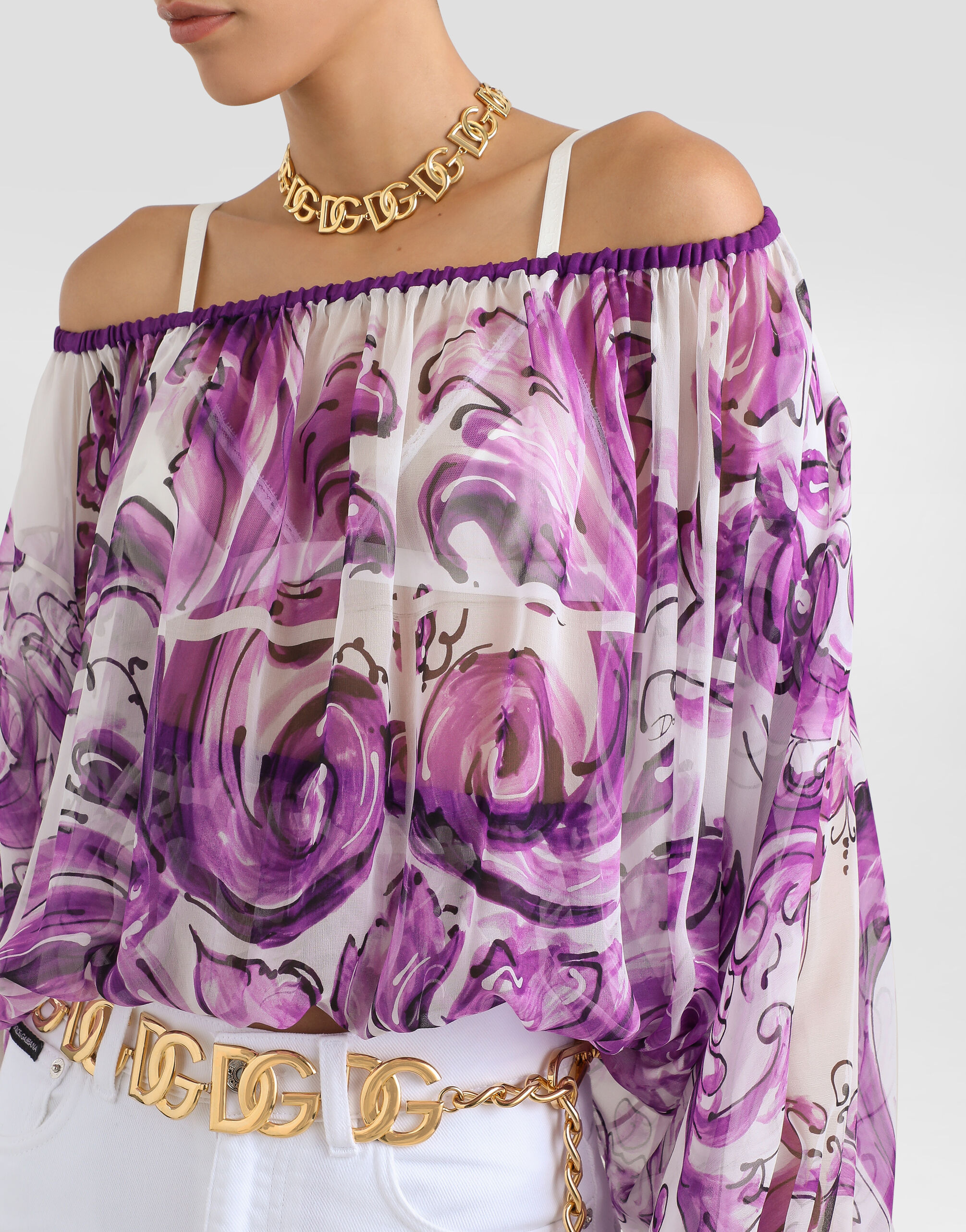 Majolica-print silk chiffon top - 4