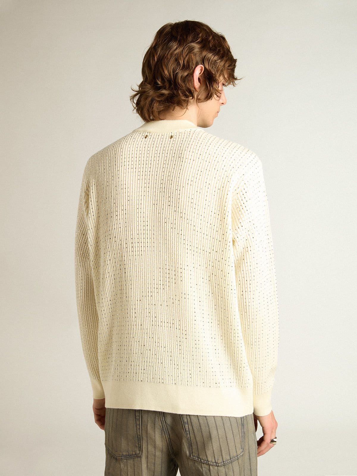 Men's crew-neck sweater in white merino wool with all-over crystals - 4
