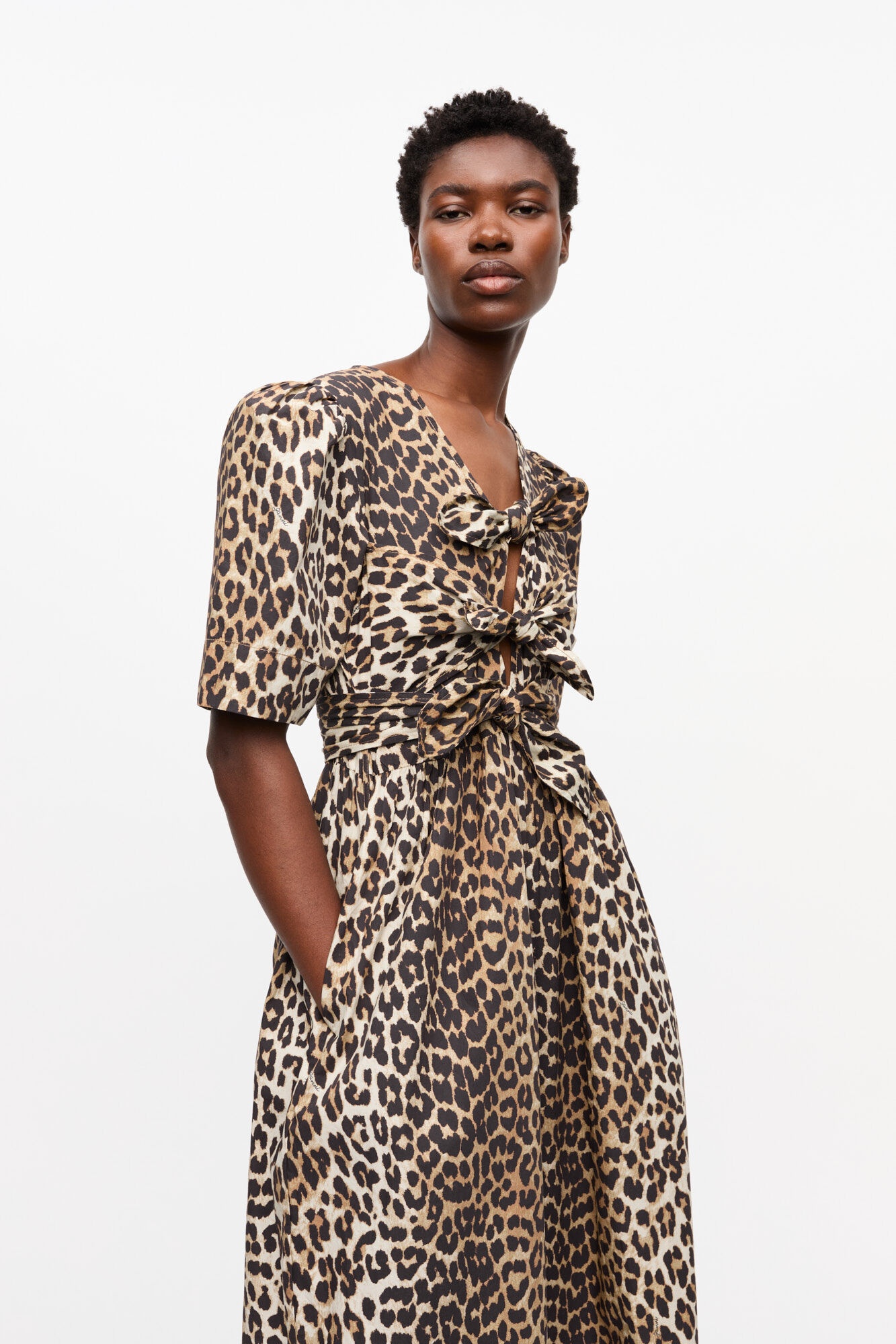 LEOPARD PRINTED COTTON TIE STRAP MIDI DRESS - 4
