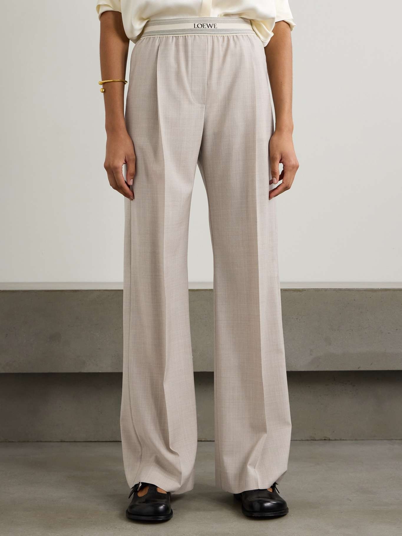 Logo jacquard-trimmed pleated wool straight-leg pants - 3