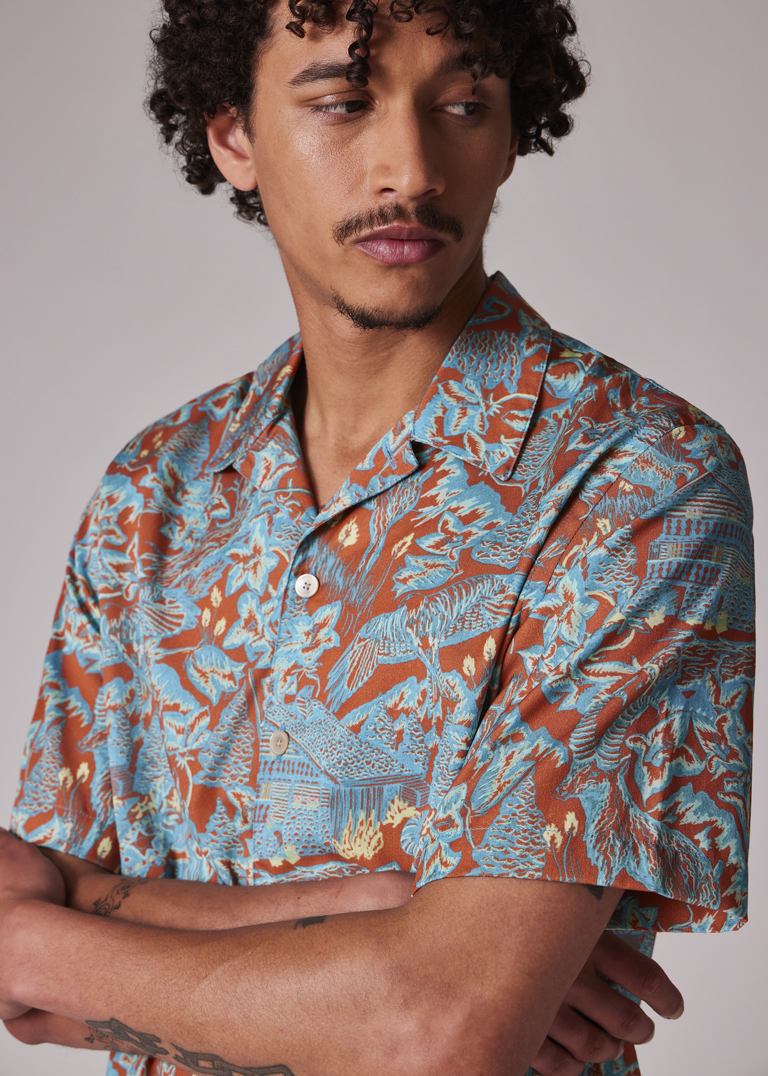 Casual-Fit Orange and Turquoise 'Chalet' Print Shirt - 4