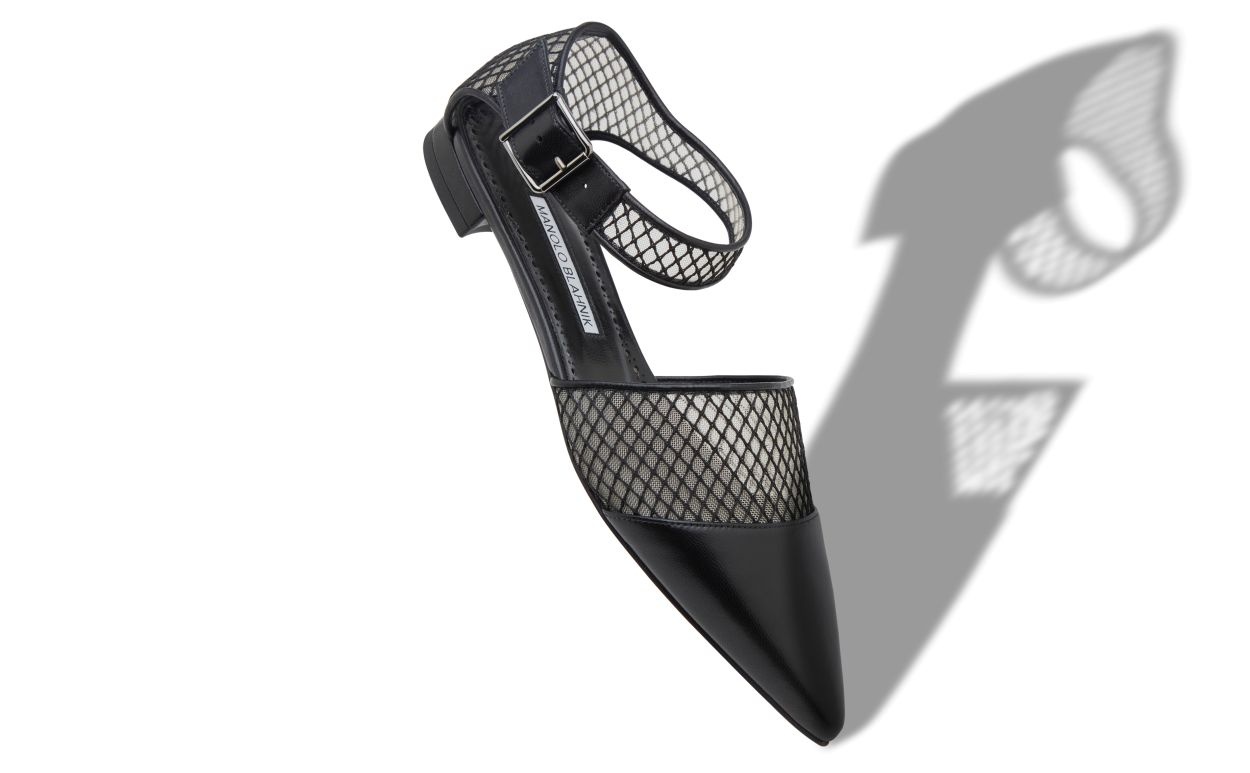 Black Nappa Leather Ankle Strap Flat Pumps - 2