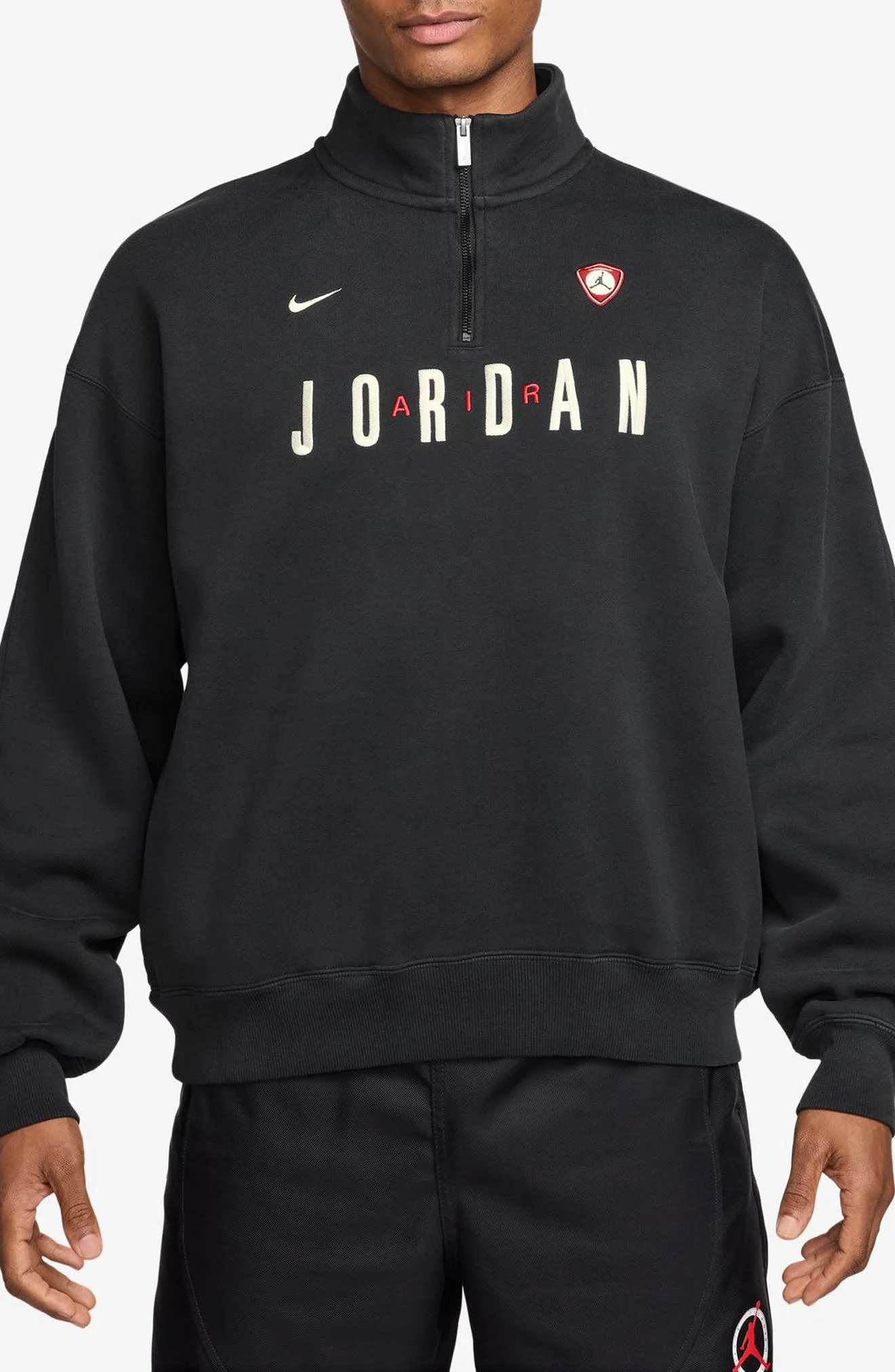 Jordan Flight Oversize Fleece Quarter Zip Pullover in Black/Sail at Nordstrom - 1
