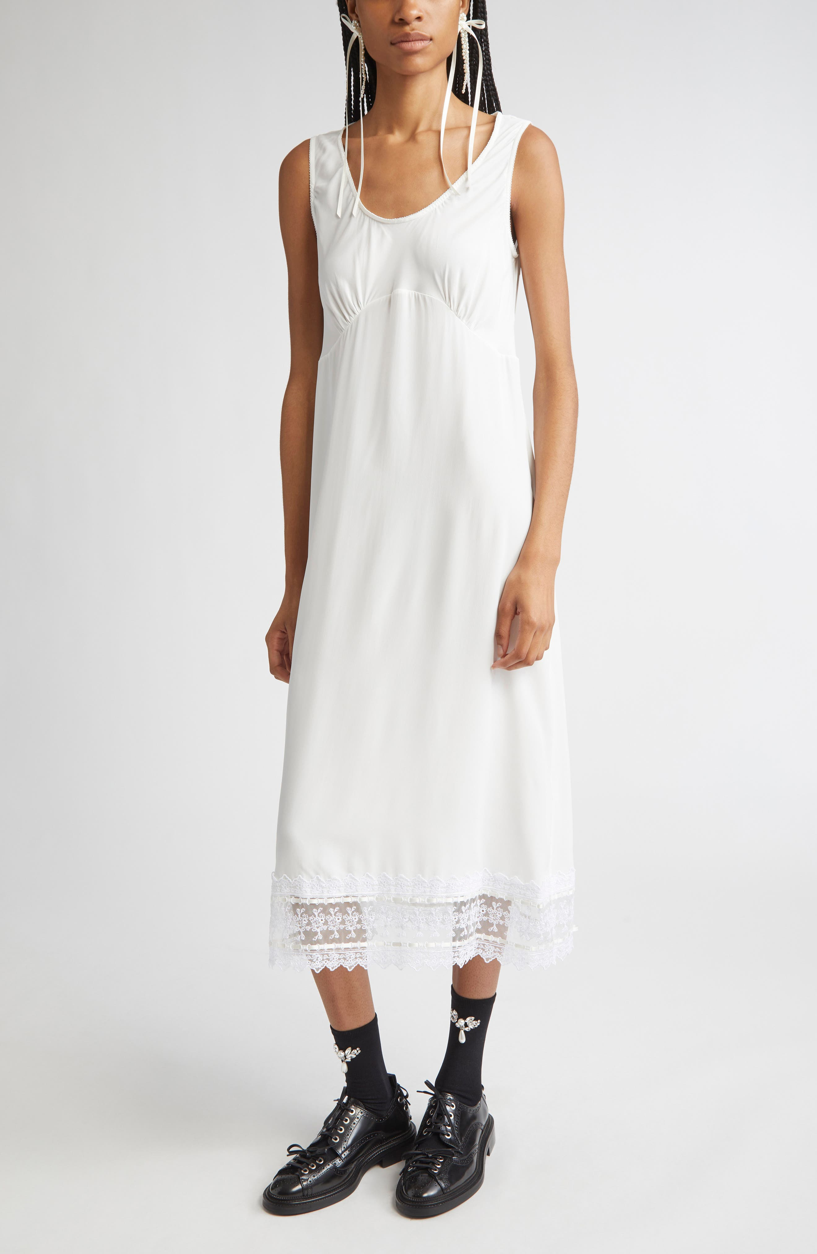 Simone Rocha Scoop Neck Lace Trim Midi Dress in Ivory at Nordstrom - 4
