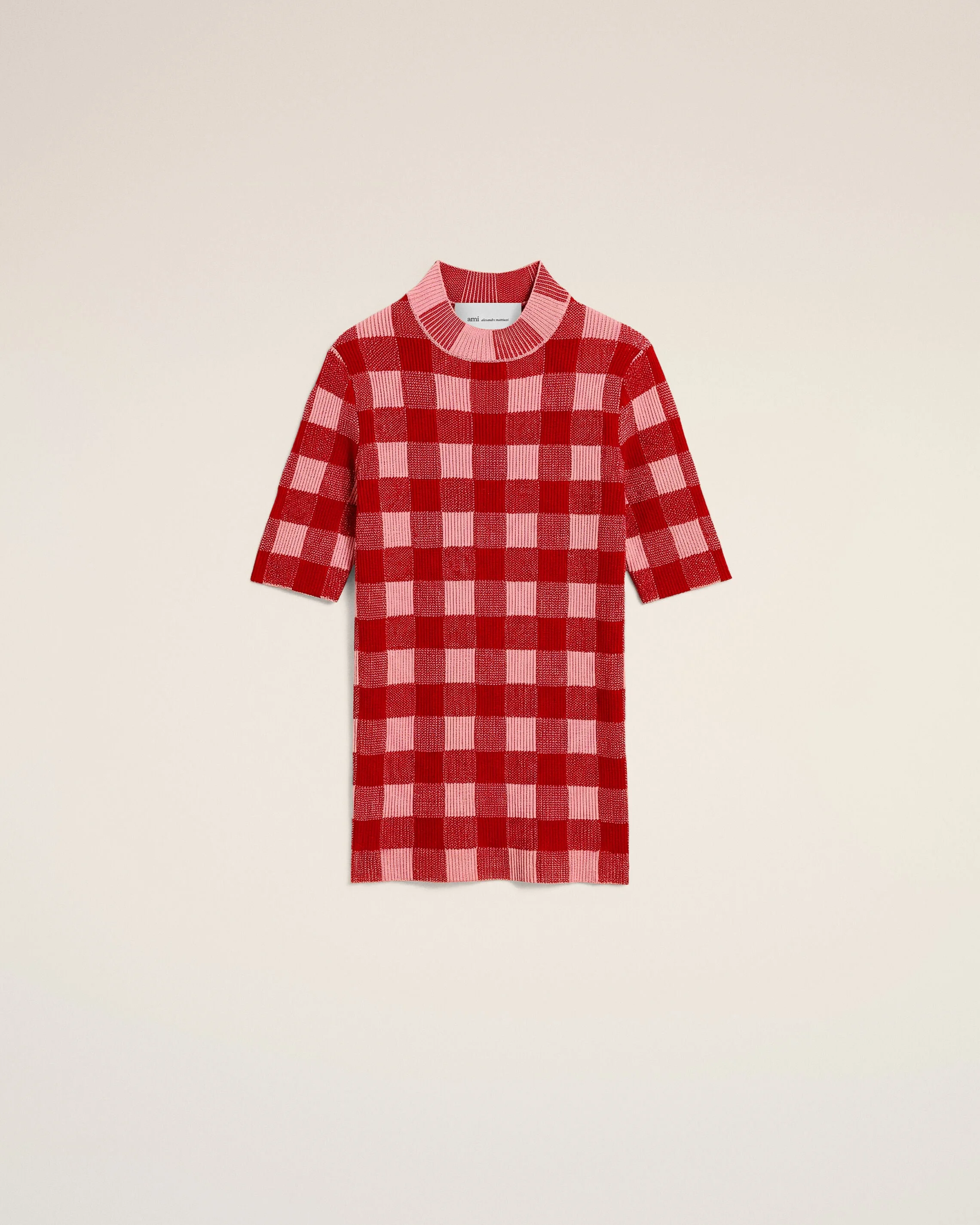 PINK CHECKERED WOOL AND COTTON SHORT SLEEVES SWEATER - 1