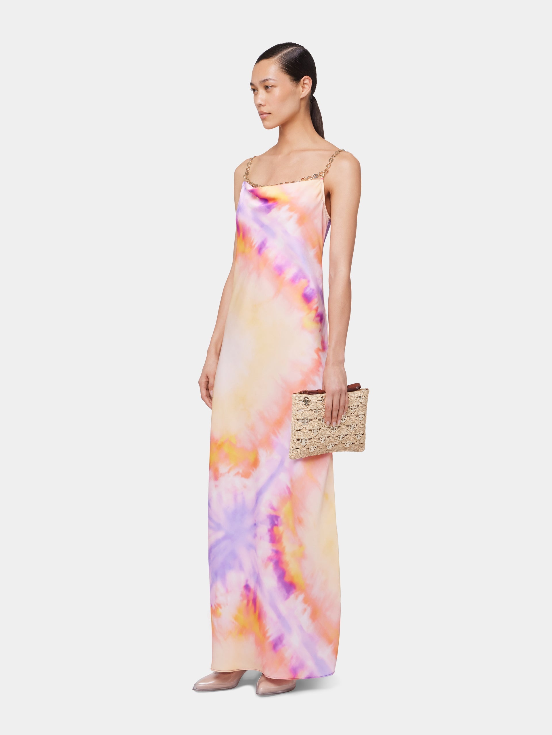 ORANGE TIE-DYE LONG DRESS IN PRINTED SATIN - 4