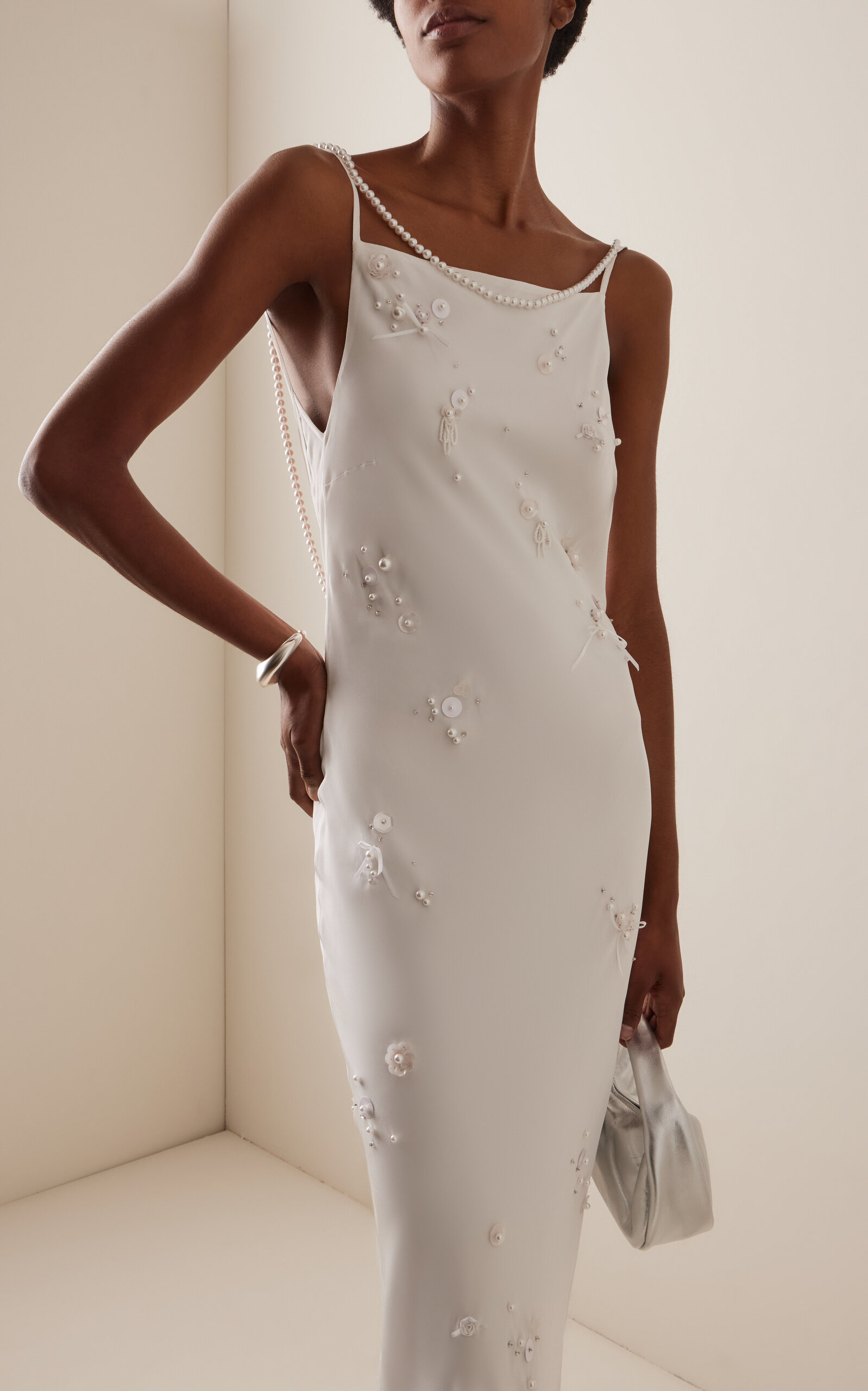 Pearl-Embroidered Silk Maxi Slip Dress white - 2