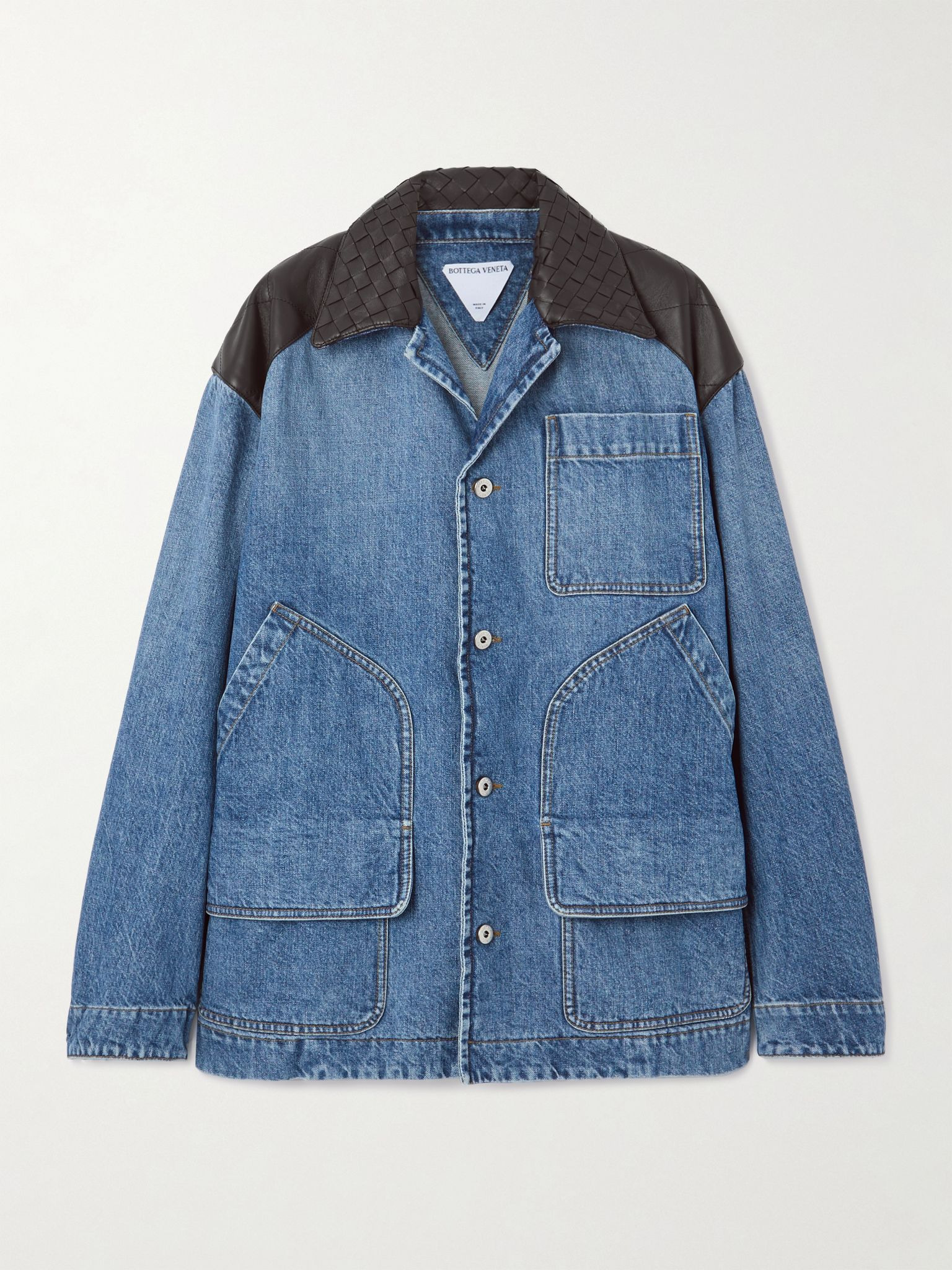 Intrecciato leather-trimmed denim jacket Blue - 1