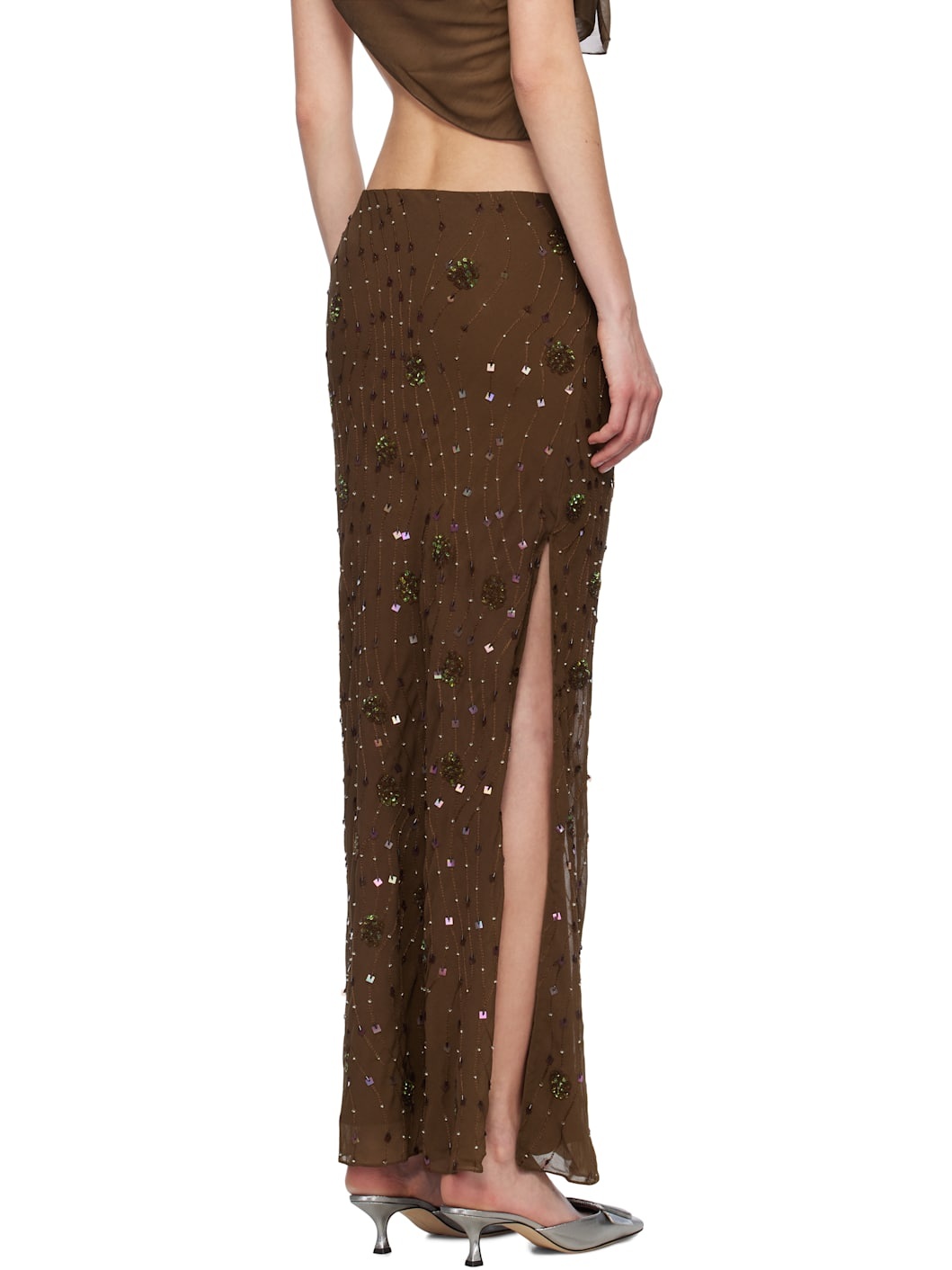 Brown Beaded Maxi Skirt - 3