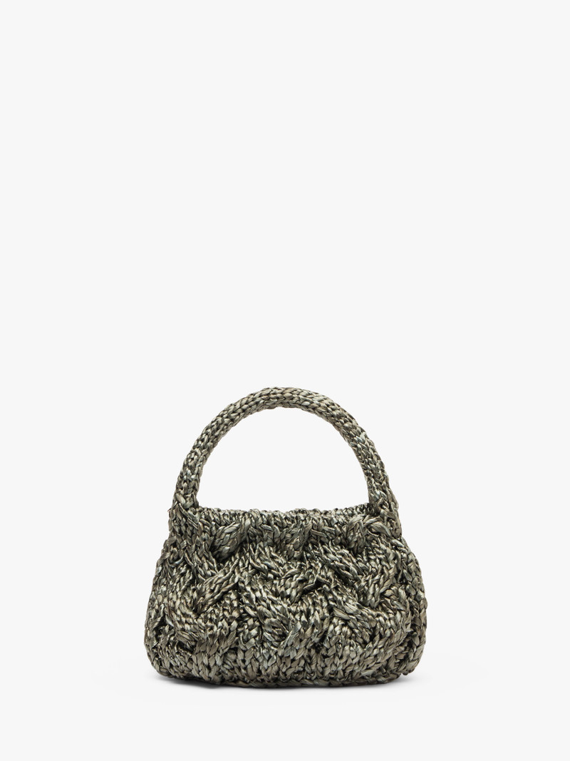 SMALL CABLE KNIT BAG - RAFFIA TOP HANDLE BAG - 1
