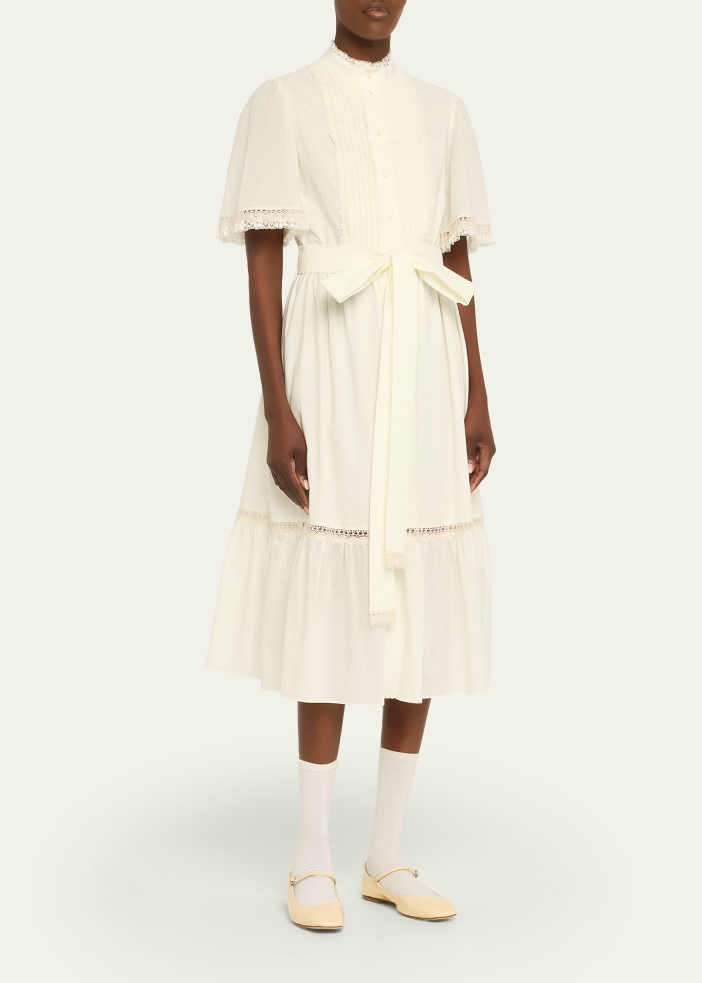 Short-Sleeve Belted Lace-Trim Shirtdress - 4