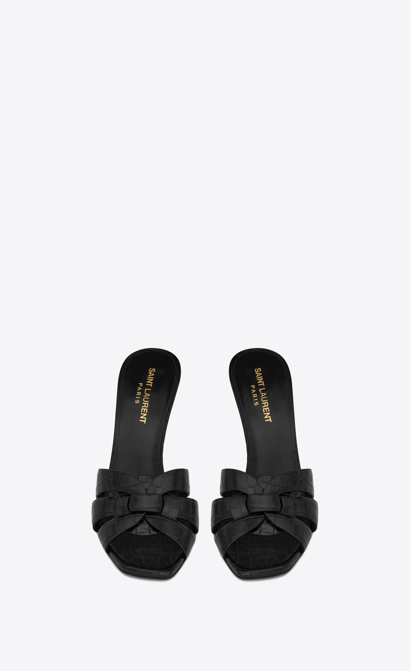 SAINT LAURENT tribute heeled mules in crocodile-embossed shiny leather outlook