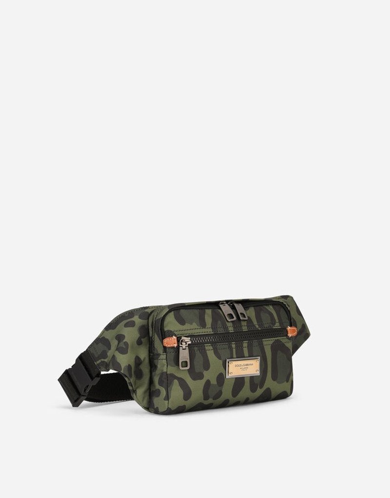 Nylon belt bag with leopard print against a green background and branded plate 3