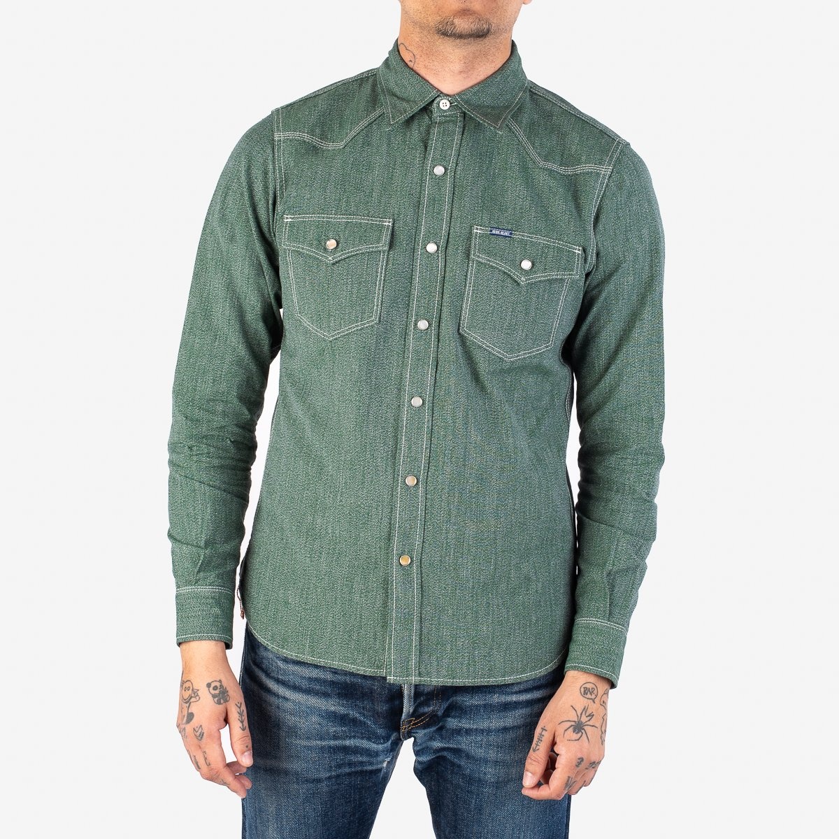 IHSH-289-GRN 10oz Mock Twist Selvedge Chambray Western Shirt - Green - 2