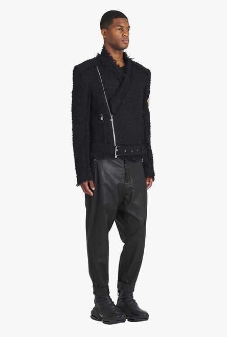 Black tweed jacket with gold-tone Balmain badge - 7