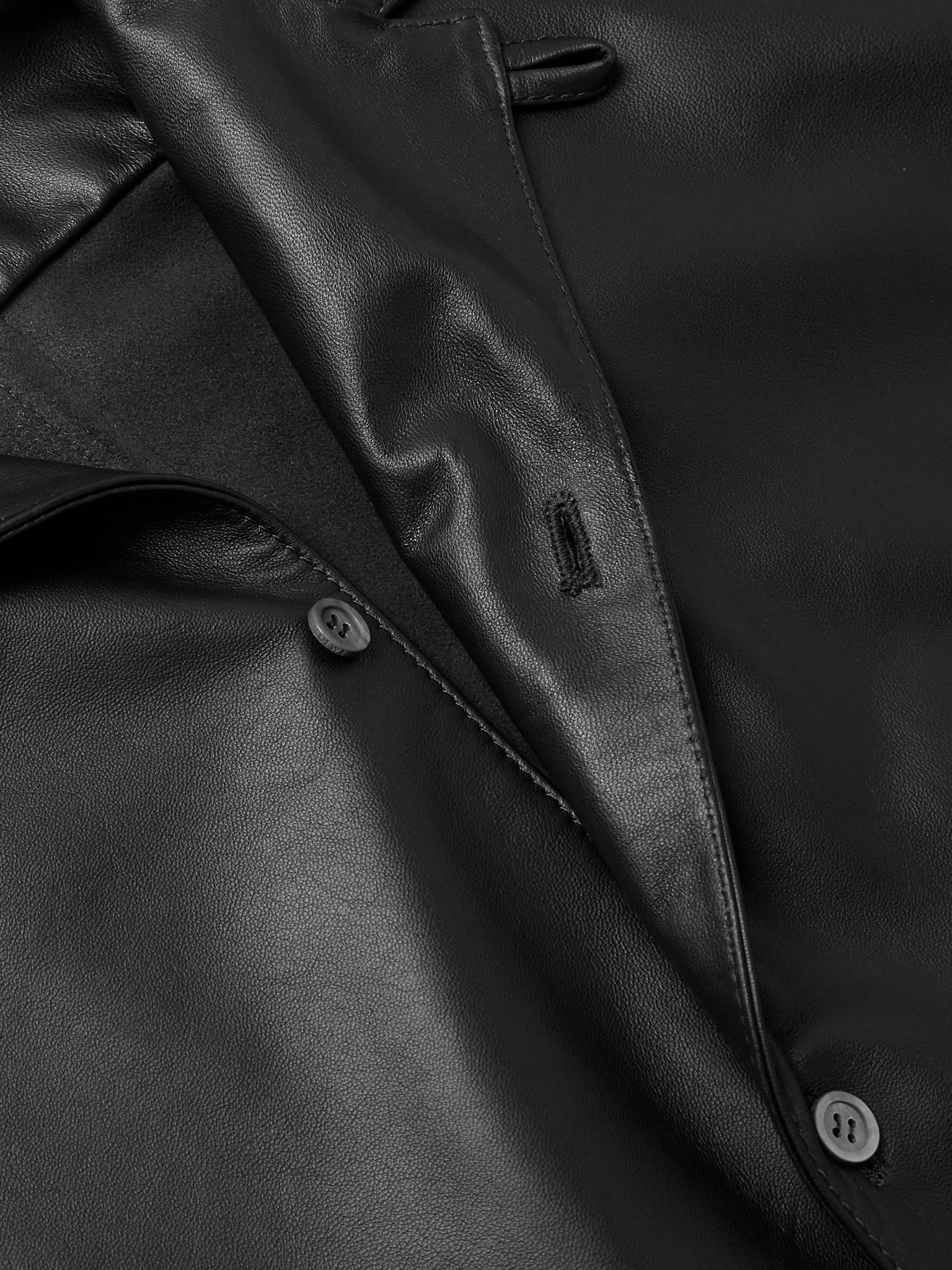 Convertible-Collar Panelled Leather Shirt Black - 4