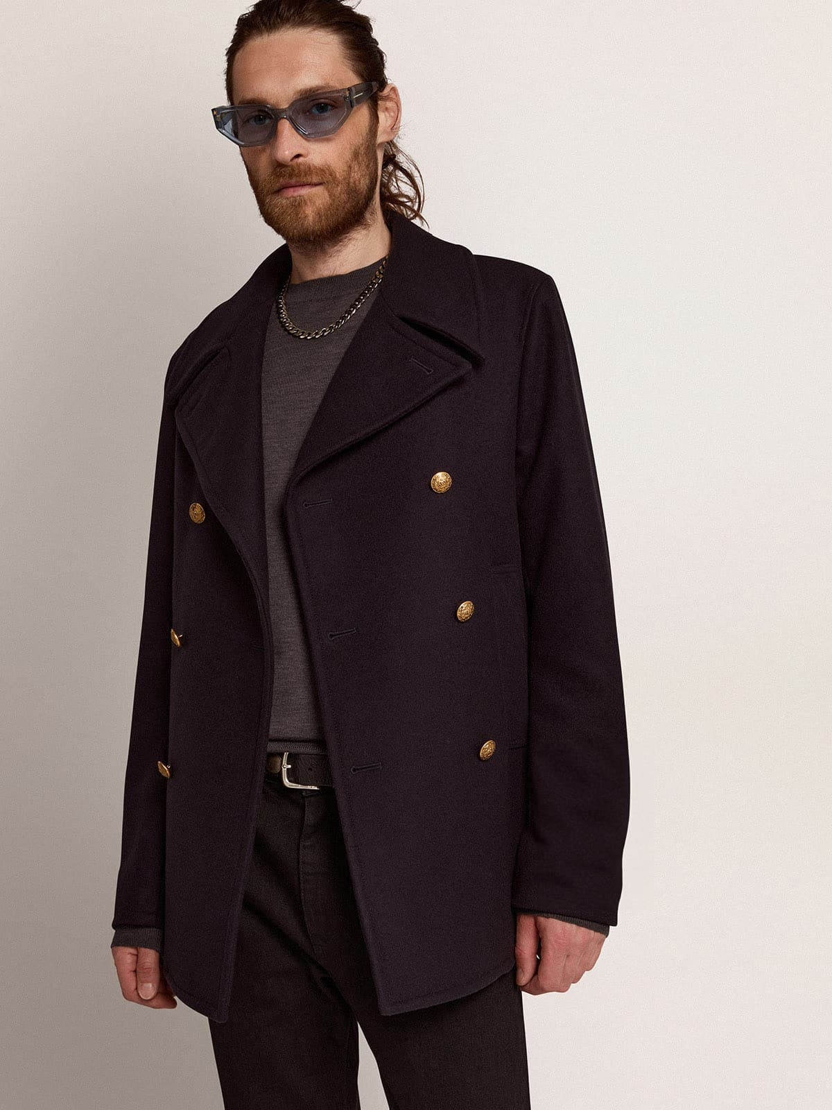 Men's double-breasted coat in dark blue wool with gold buttons - 2