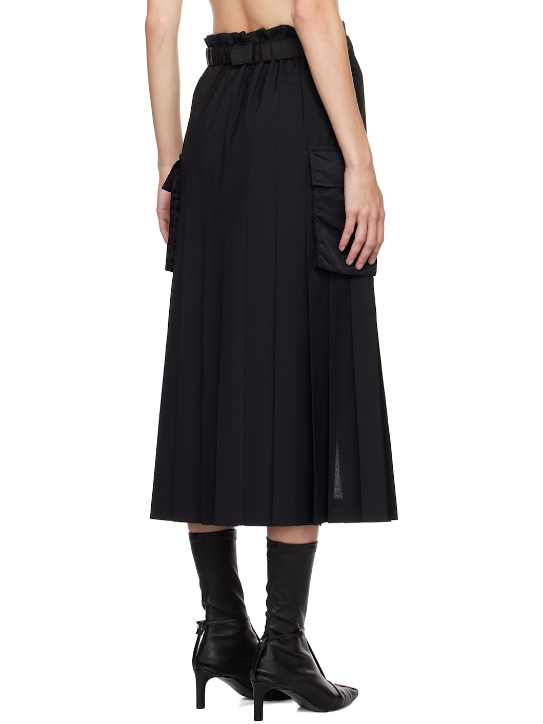 Black Suiting & Nylon Twill Midi Skirt - 3