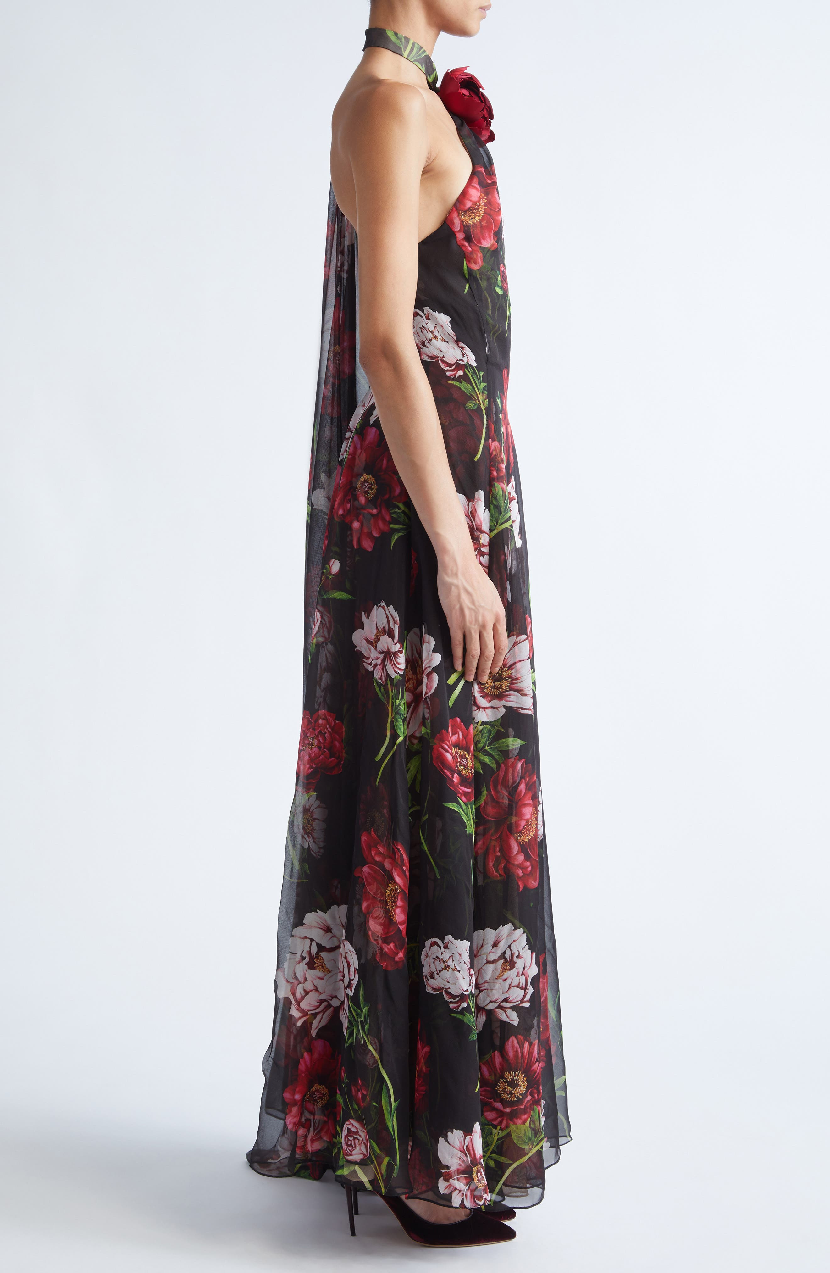 Oscar de la Renta Peony Print Silk Chiffon Halter Gown in Brown Multi at Nordstrom - 3