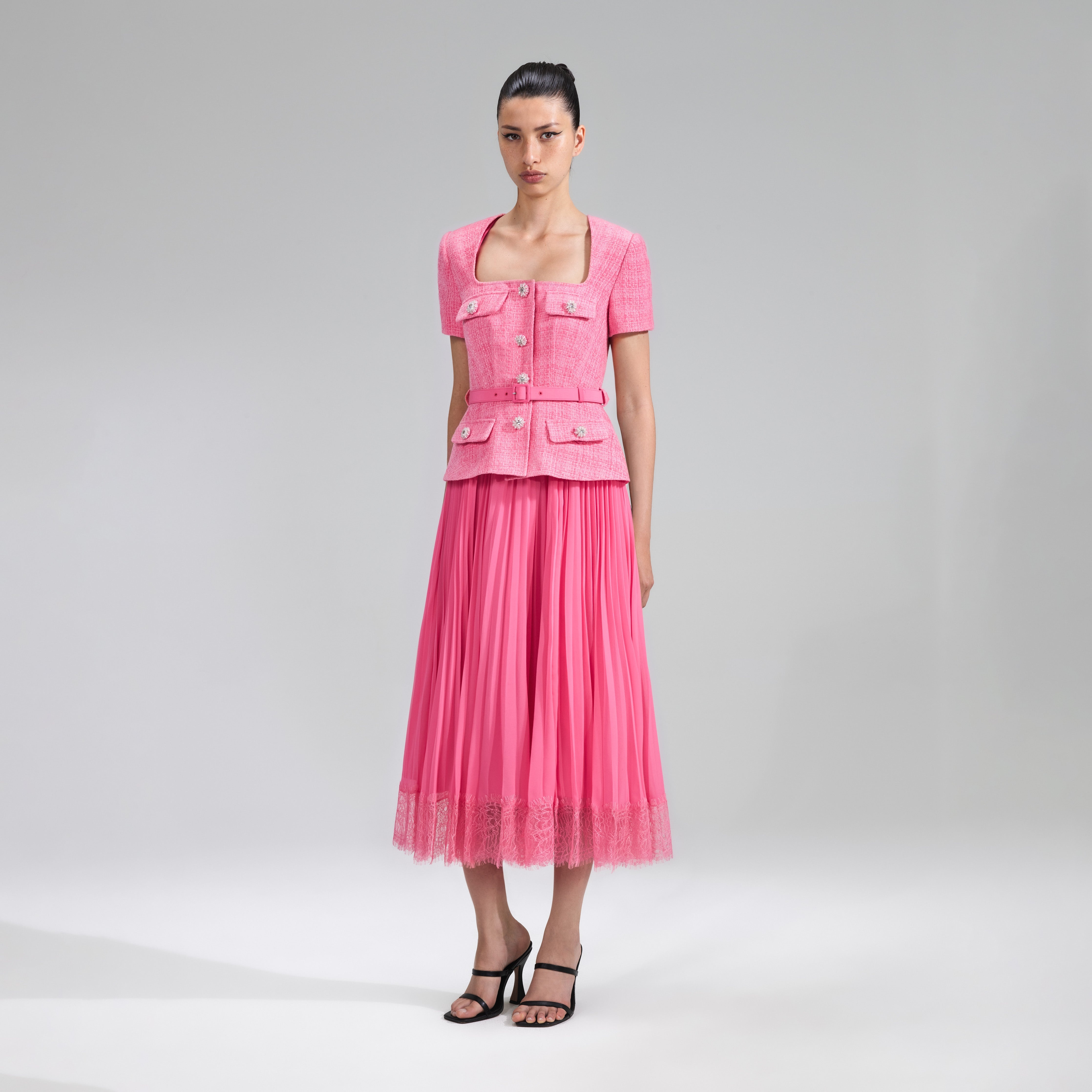 self-portrait Pink Boucle Chiffon Midi Dress | REVERSIBLE
