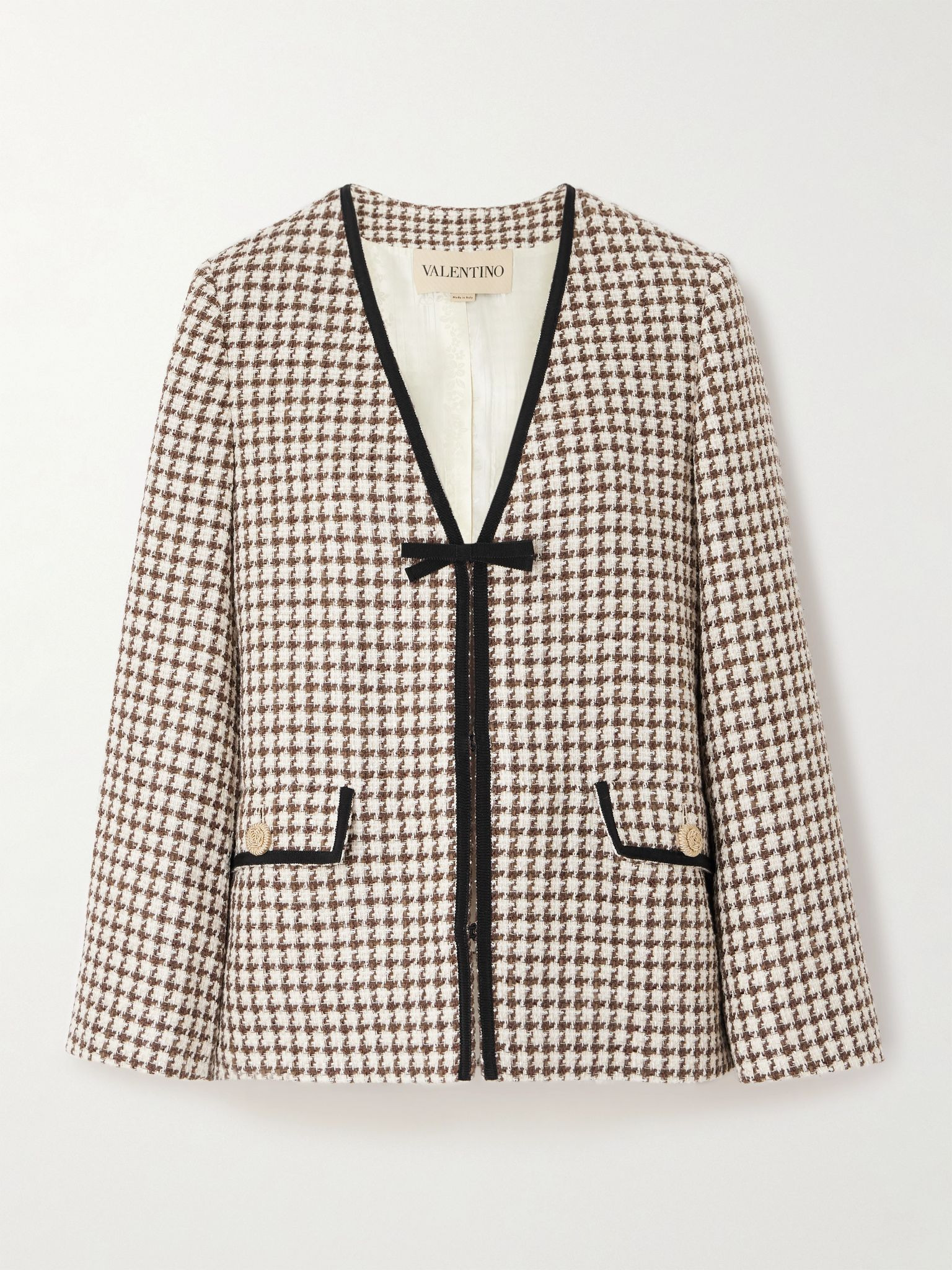 Grosgrain-trimmed houndstooth cotton-blend tweed jacket Cream - 1
