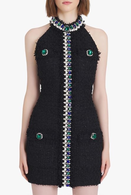 Short black tweed dress with multicolor jewel embroidery - 5