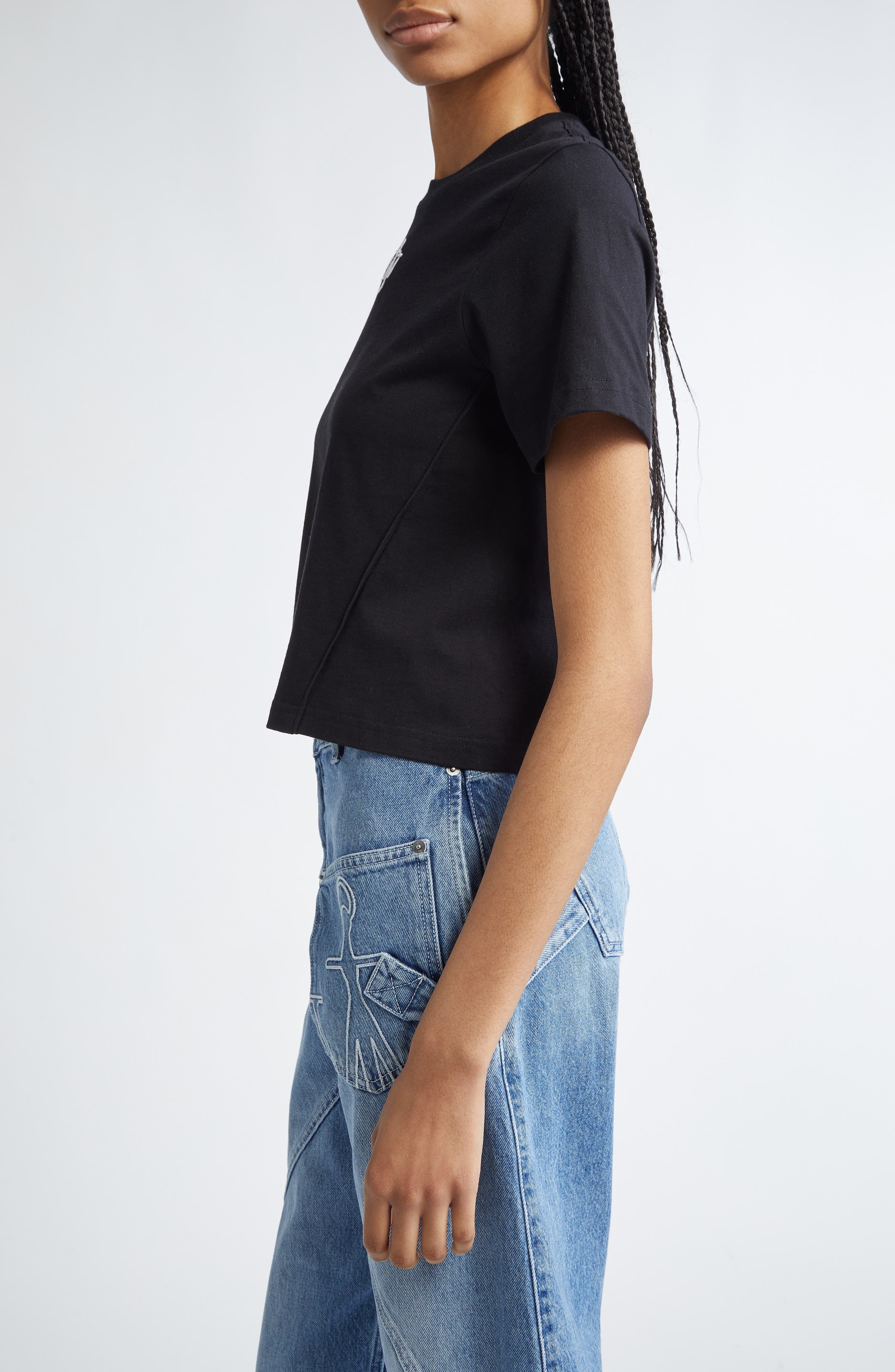 JW Anderson Panelled Anchor Embroidered Crop T-Shirt in Black at Nordstrom - 3