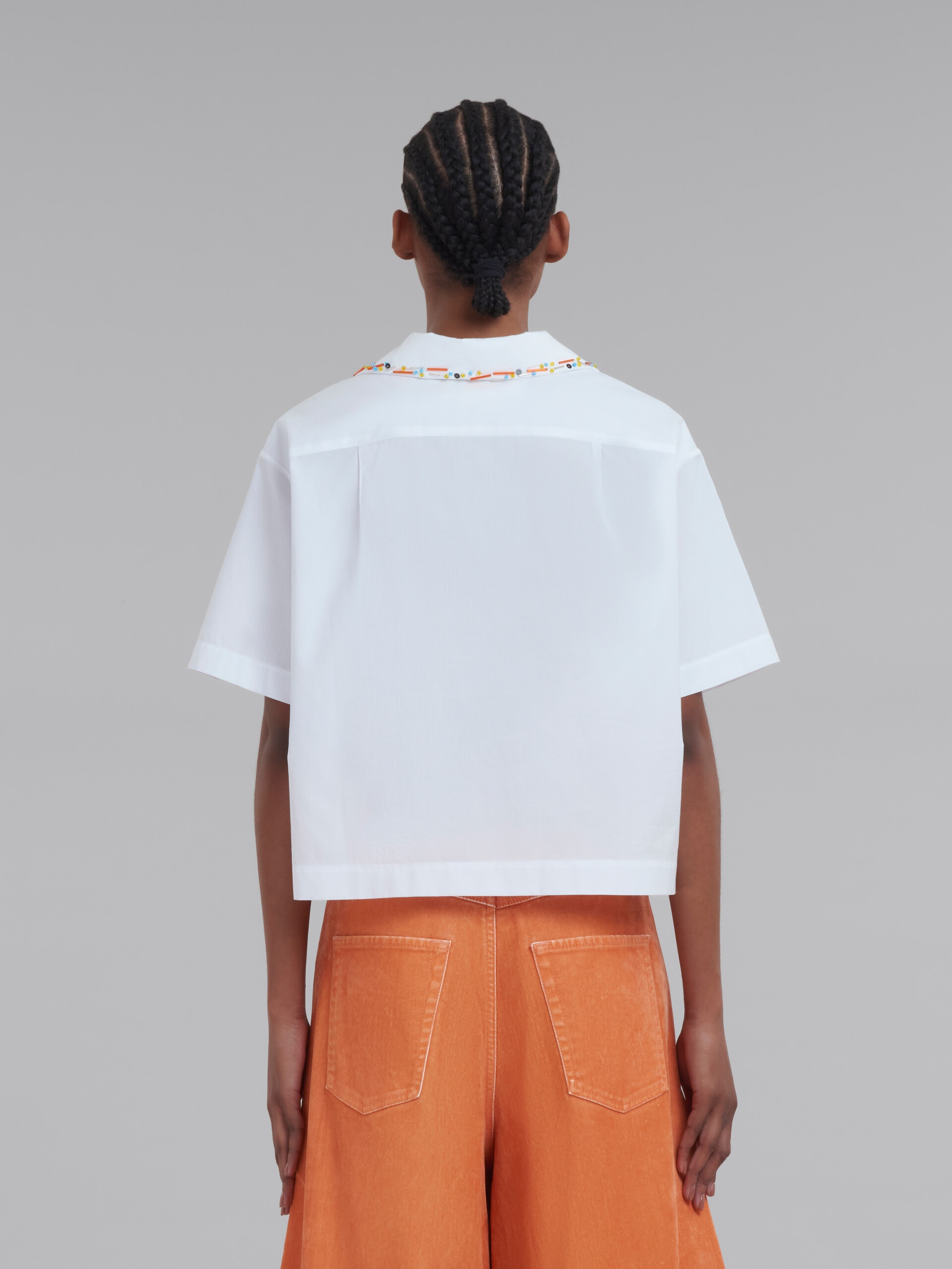 WHITE BIO COTTON CROPPED BOWLING SHIRT WITH BEADS - 3