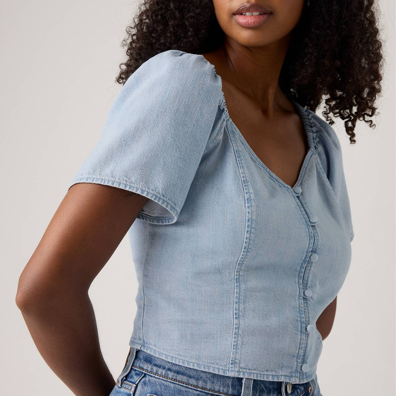 KIERRA SHORT-SLEEVE DENIM BLOUSE - 5