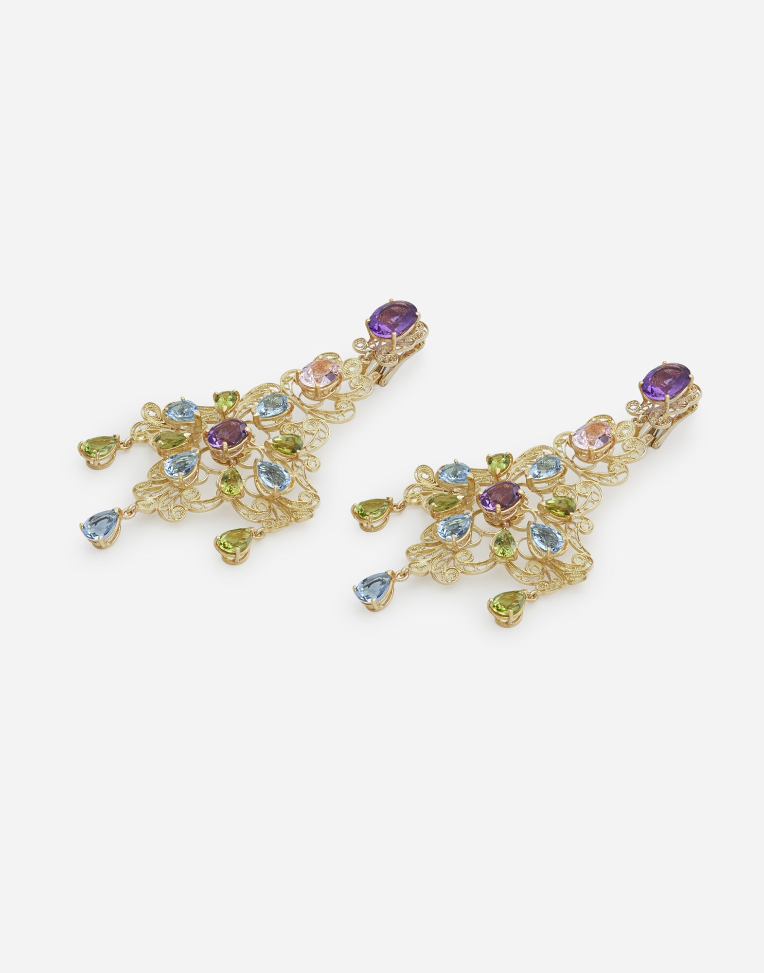 Pizzo earrings in yellow gold filigree with amethysts, aquamarines, peridots and morganites - 2