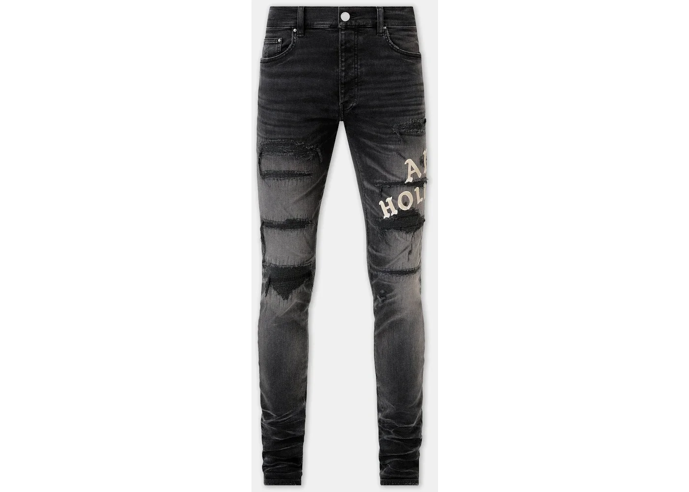 AMIRI Hollywood Leather Applique Thrasher Repaired Skinny Jeans Honey Comb Indigo - 1