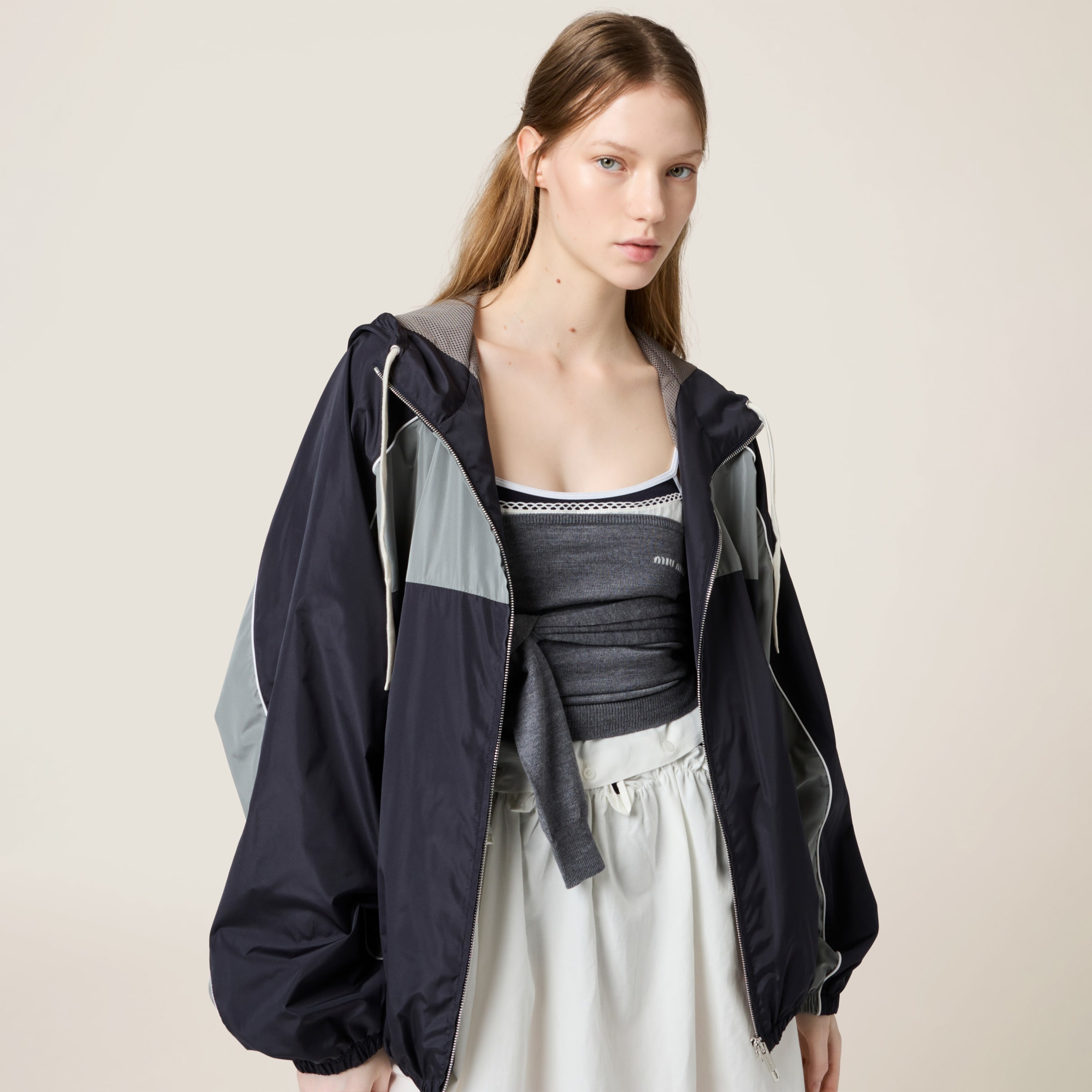 MiuMiu Technical Silk Zipper Blouson Jacket ブルゾン ロゴ Blue/amarena Red Technical Silk Zipper Blouson Jacket | Miu Miu