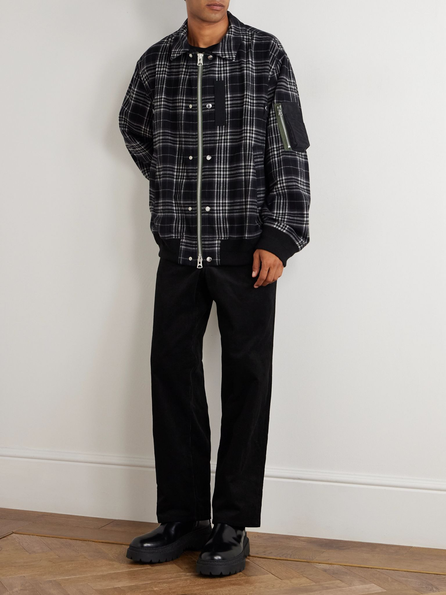 Nylon-Trimmed Padded Checked Cotton-Flannel Blouson Jacket Black - 2
