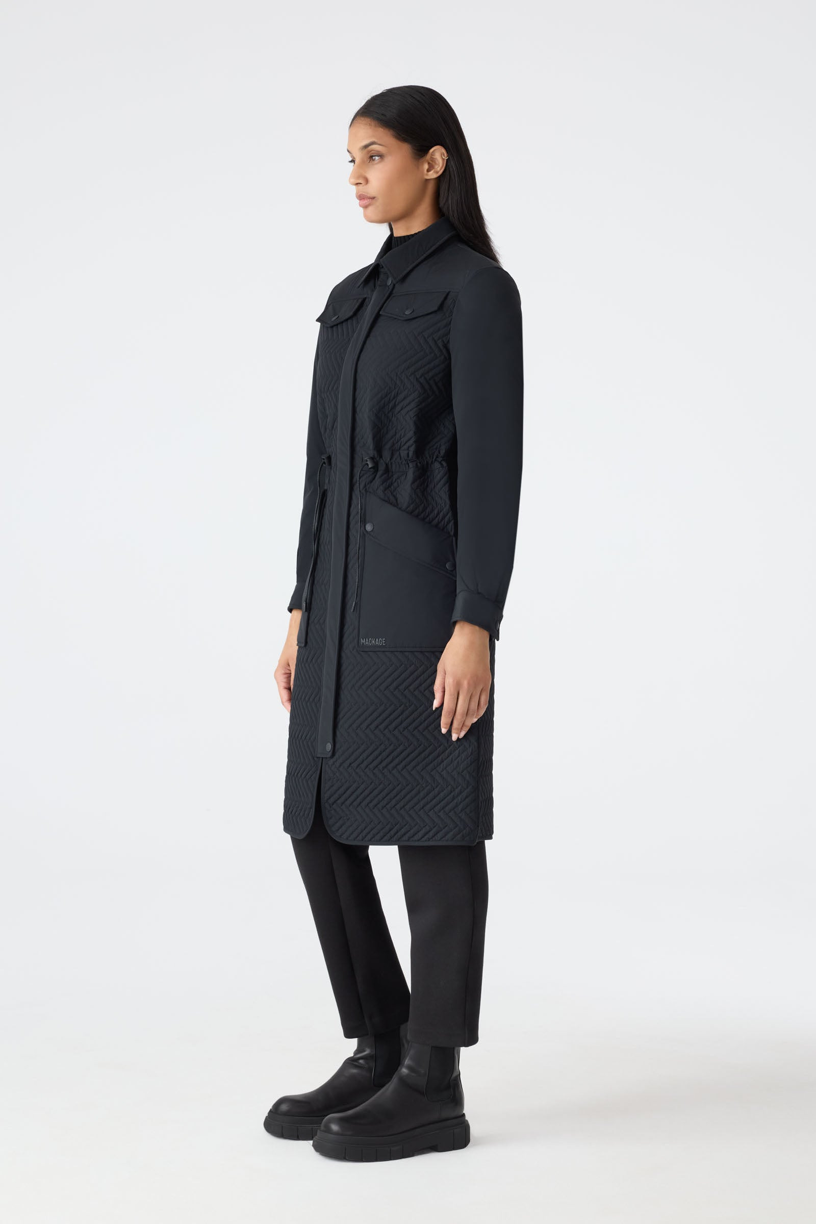 NAOLIN Long Down Coat with Chevron Quilt - 3
