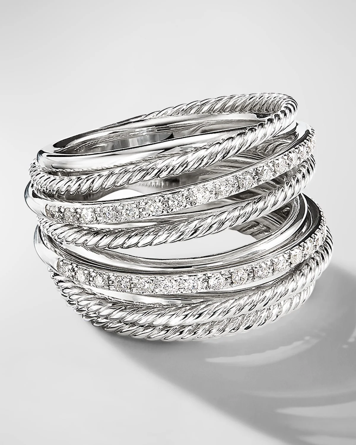 Crossover Wide Ring with Diamonds and Silver, 18mm - 1