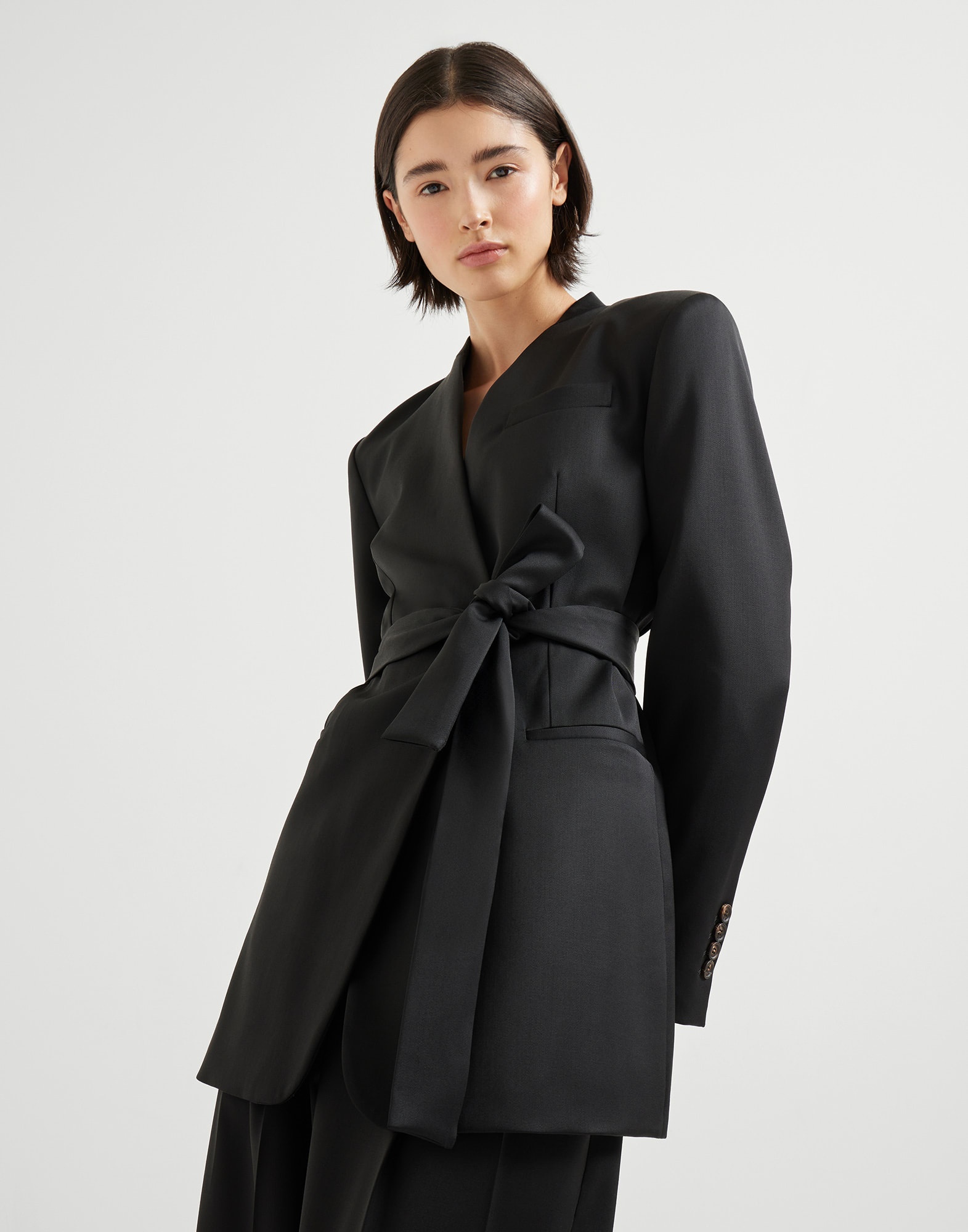 Virgin wool stretch satin belted blazer with monili - 3