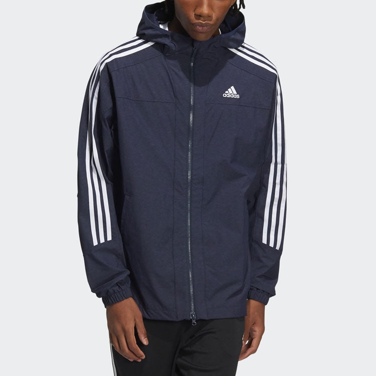 Men's adidas Contrasting Colors Stripe Sports Hooded Jacket Legendary Ink Blue HC9956 - 2