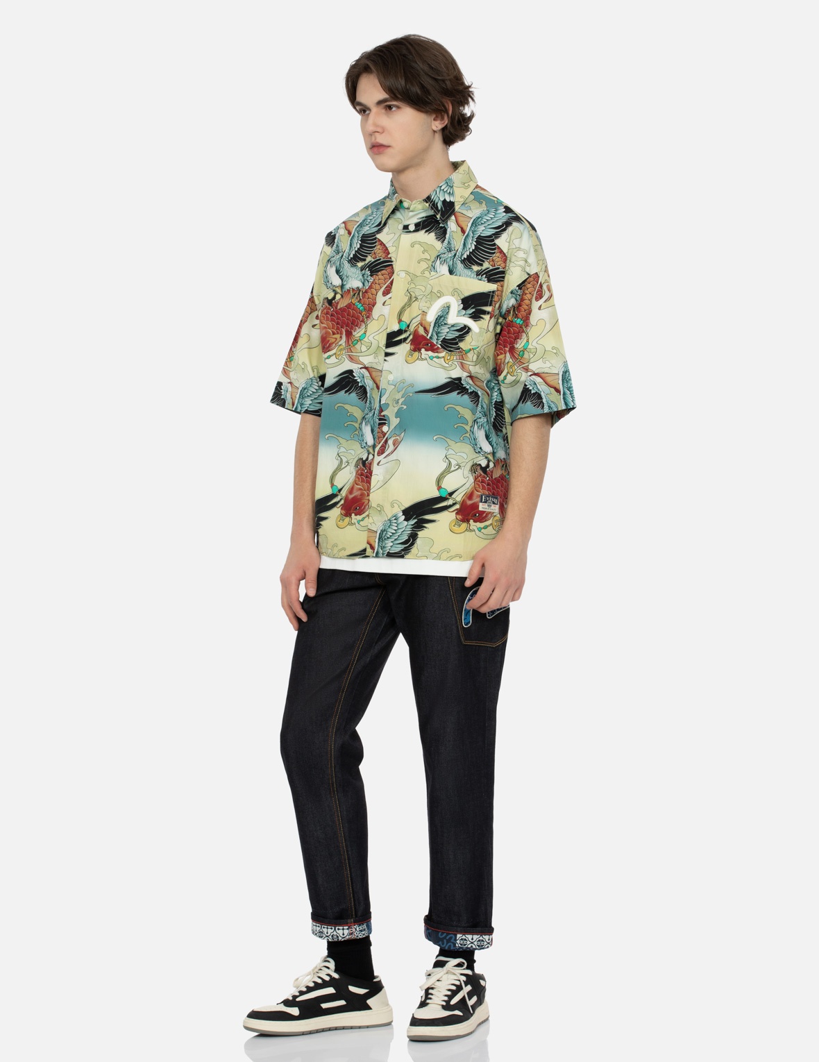 COLORFUL SEAGULL AND CARP PRINT LOOSE FIT SHORT SLEEVE SHIRT - 3