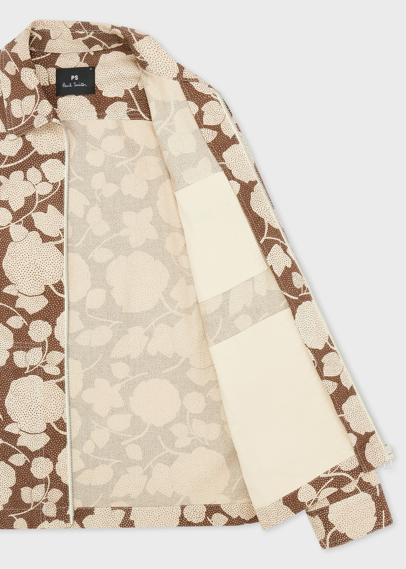Brown 'Perforated Floral' Cotton Zip Jacket 4
