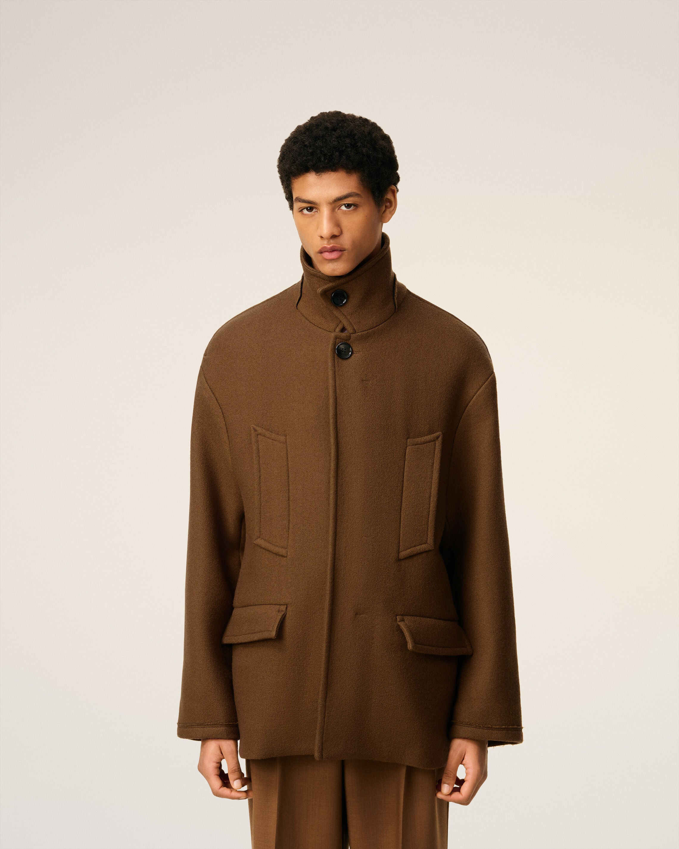 BROWN WOOL OVERSIZED HIGH COLLAR PEA COAT - 3