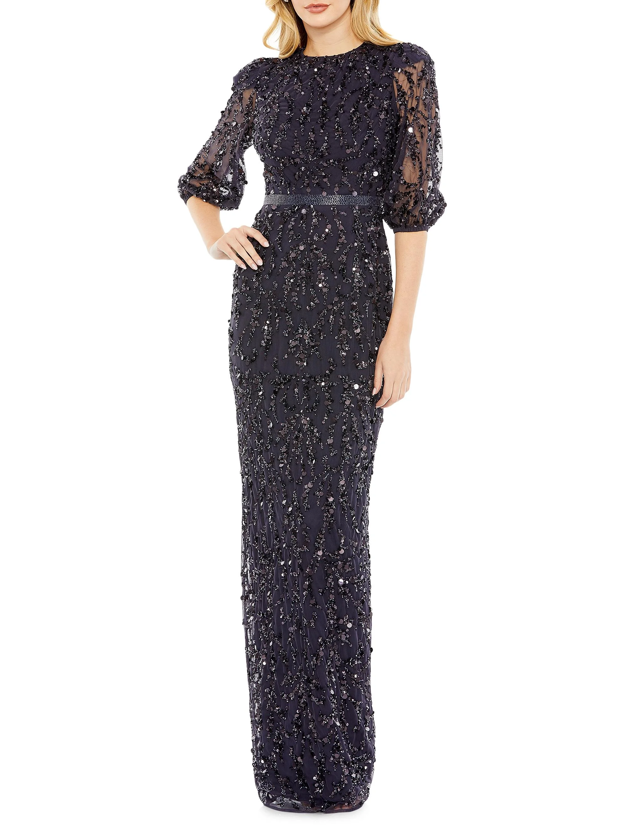 Women's Sequined Elbow-Sleeve Column Gown - Midnight - 1