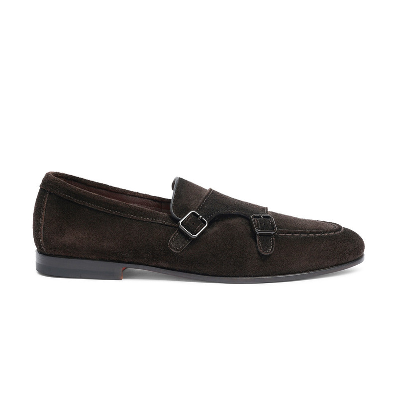 Men's dark brown suede double-buckle loafer 1