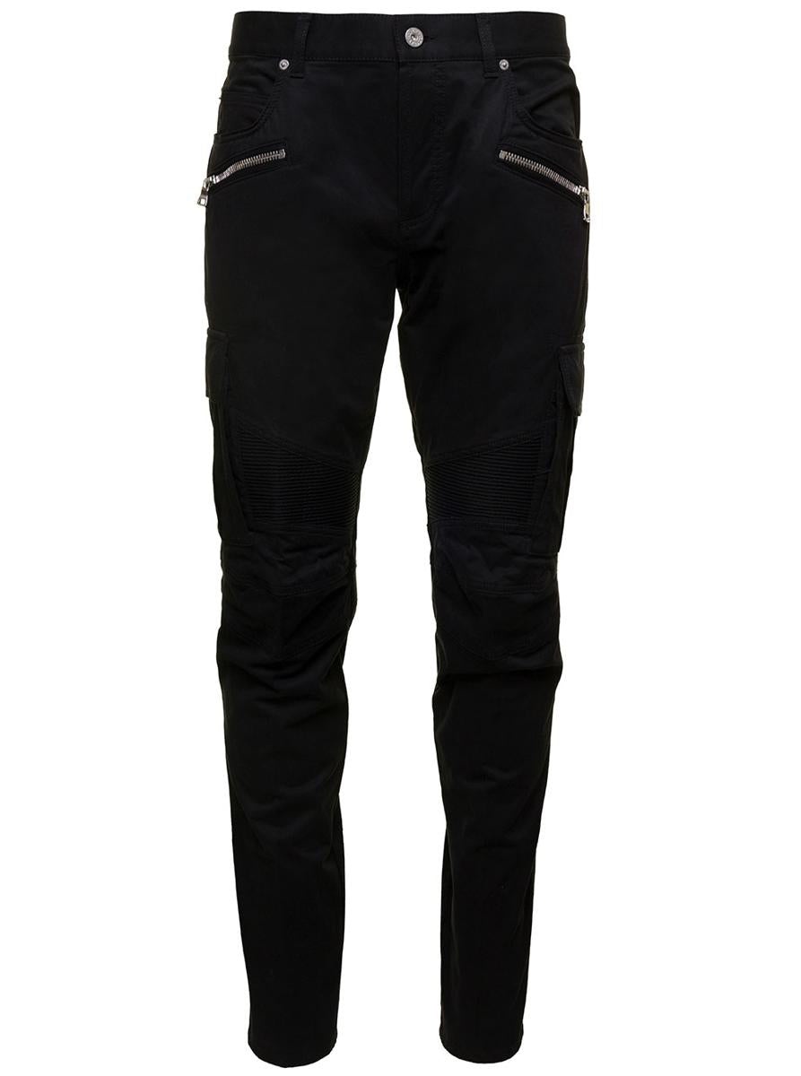 BALMAIN BLACK SLIM CARGO PANTS WITH ZIP AND POCKETS IN STRETCH COTTON MAN - 1