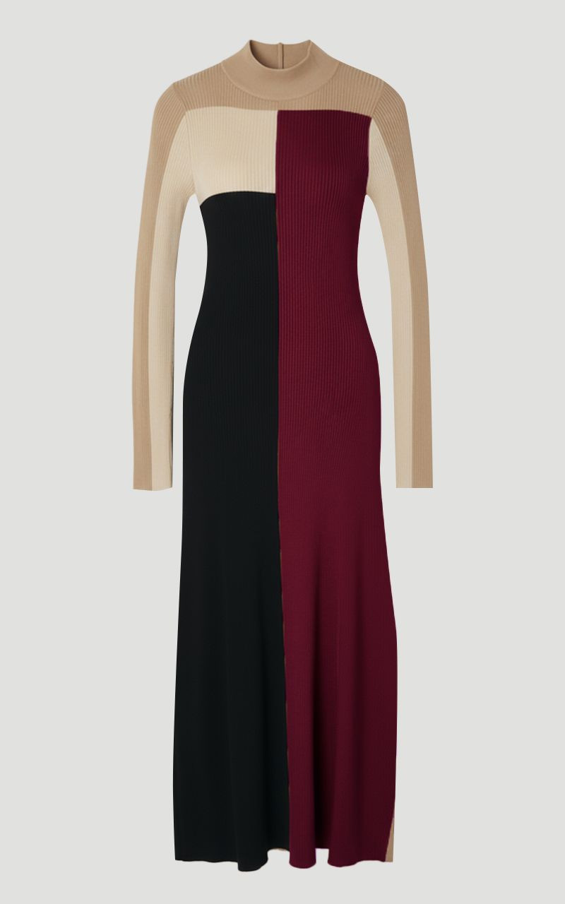 Slinky Viscose Colour Block Full Skirted Knit Midi Dress - 1