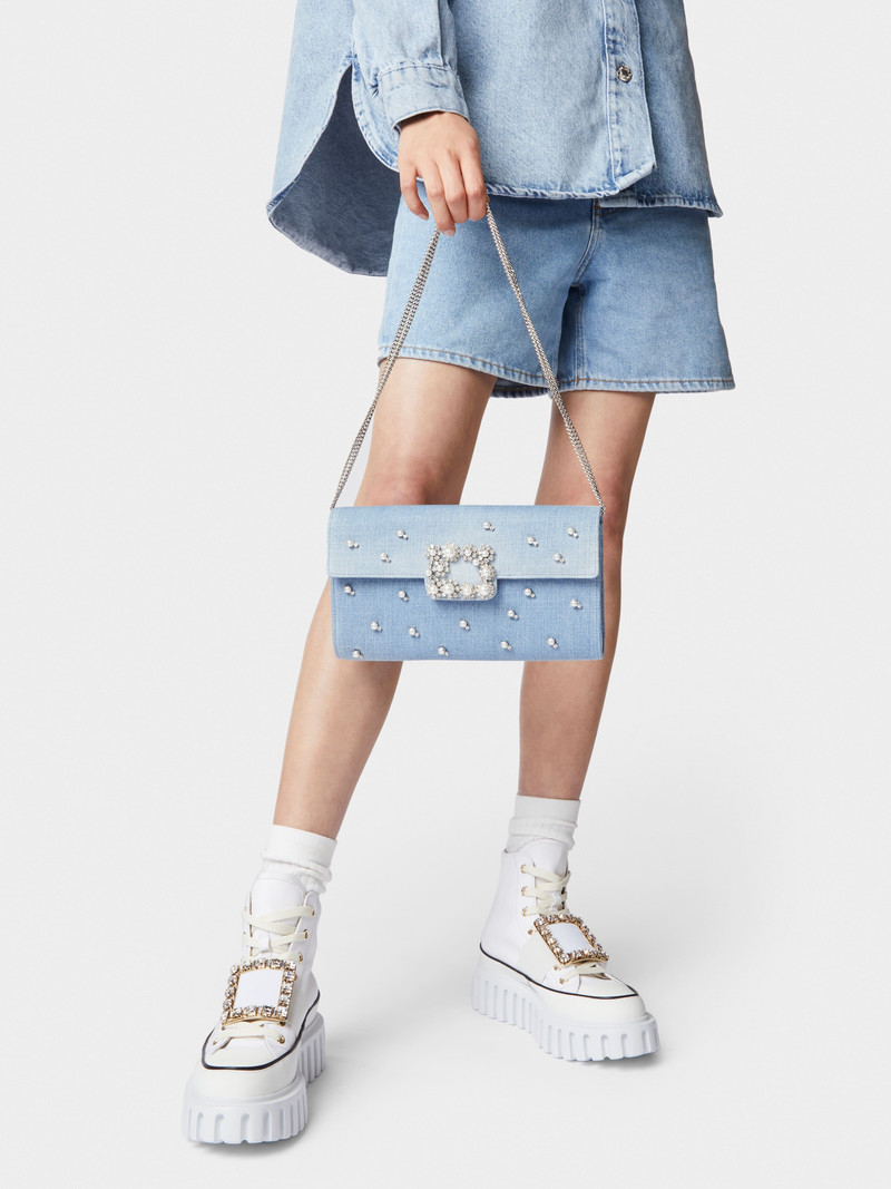 Roger Vivier Flower Strass Pearl Buckle Clutch Bag in Denim outlook