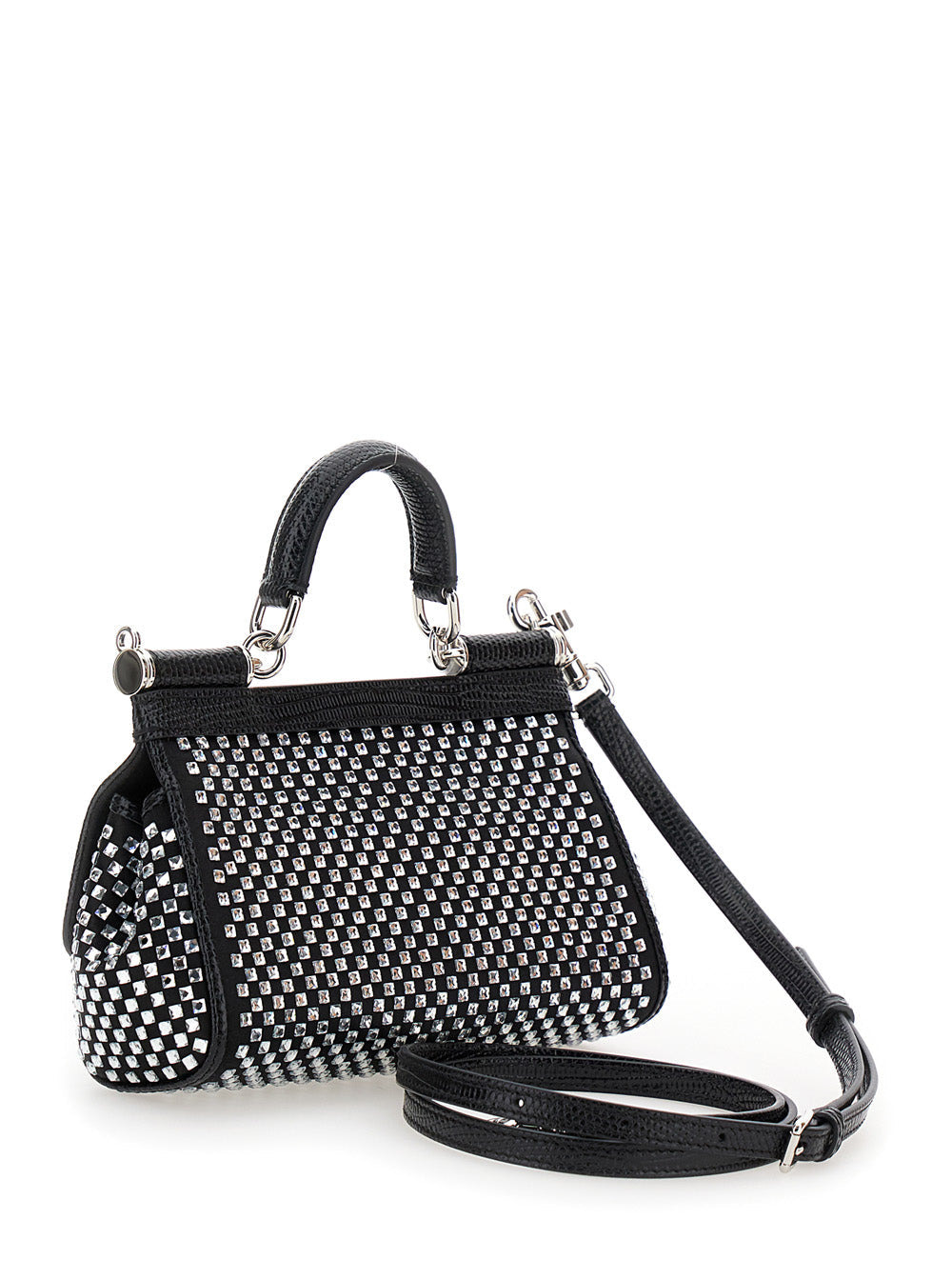 Dolce & Gabbana Women 'Sicily' Black Handbag With All-Over Rhinestone In Satin Blend Woman - 3