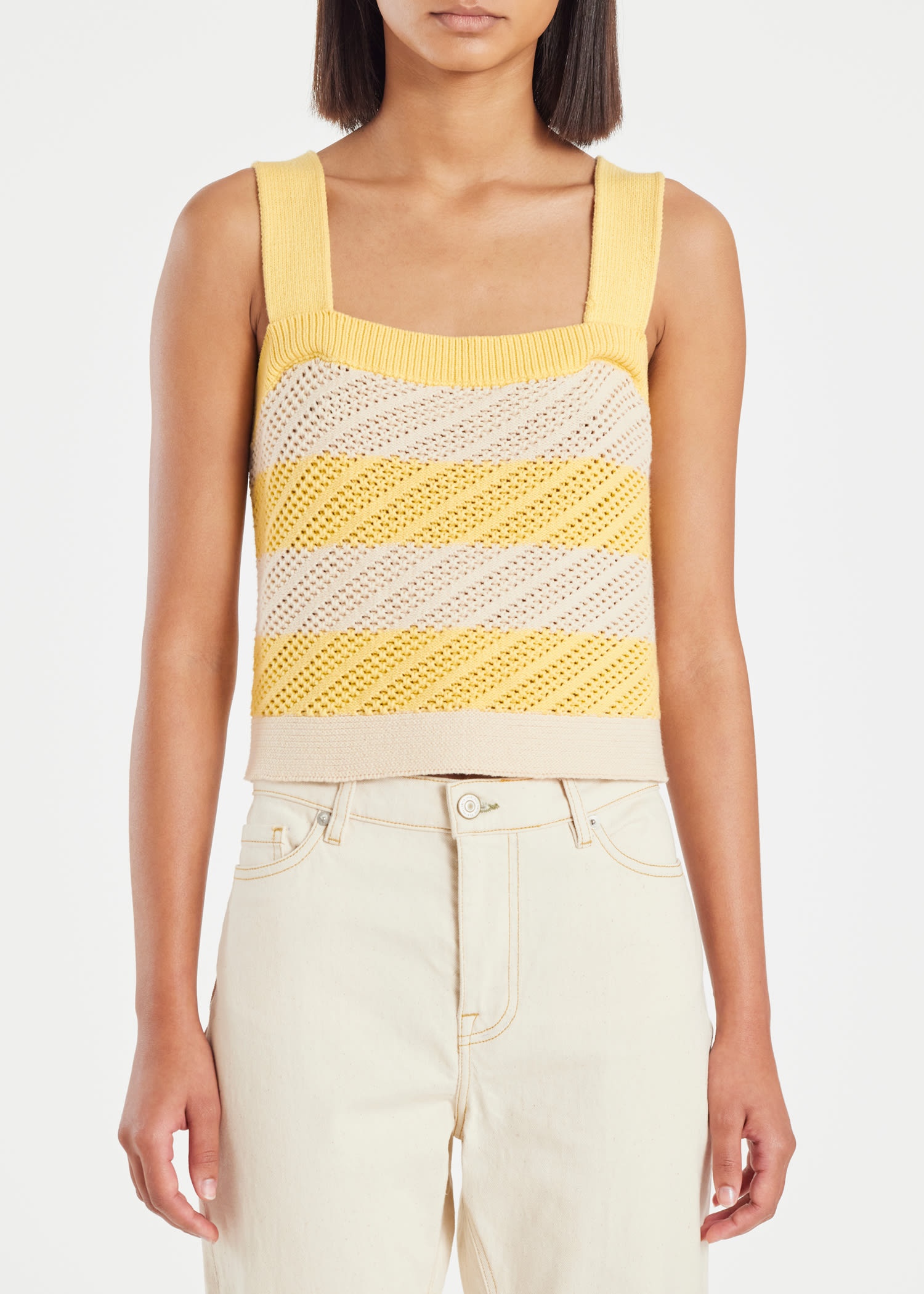 Ecru and Lemon Stripe Crochet Vest Top - 3