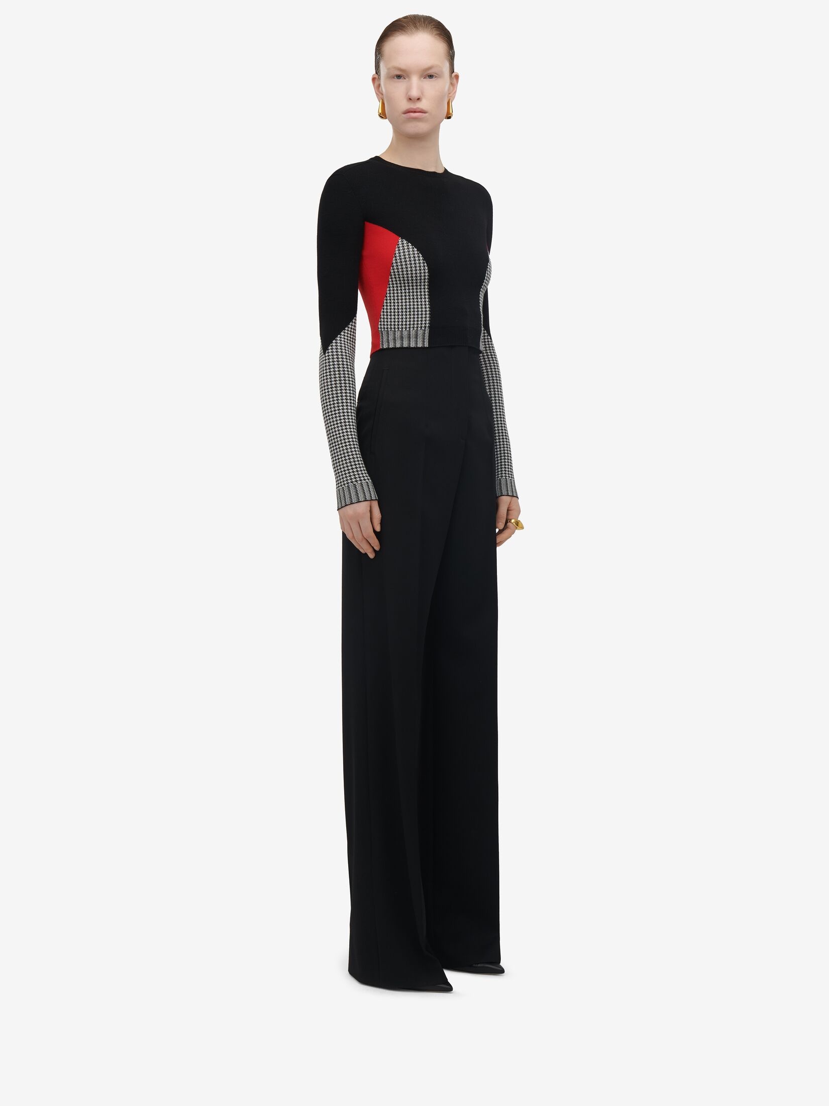 Women's Dogtooth Colour-block Jumper in Black/white/red - 3
