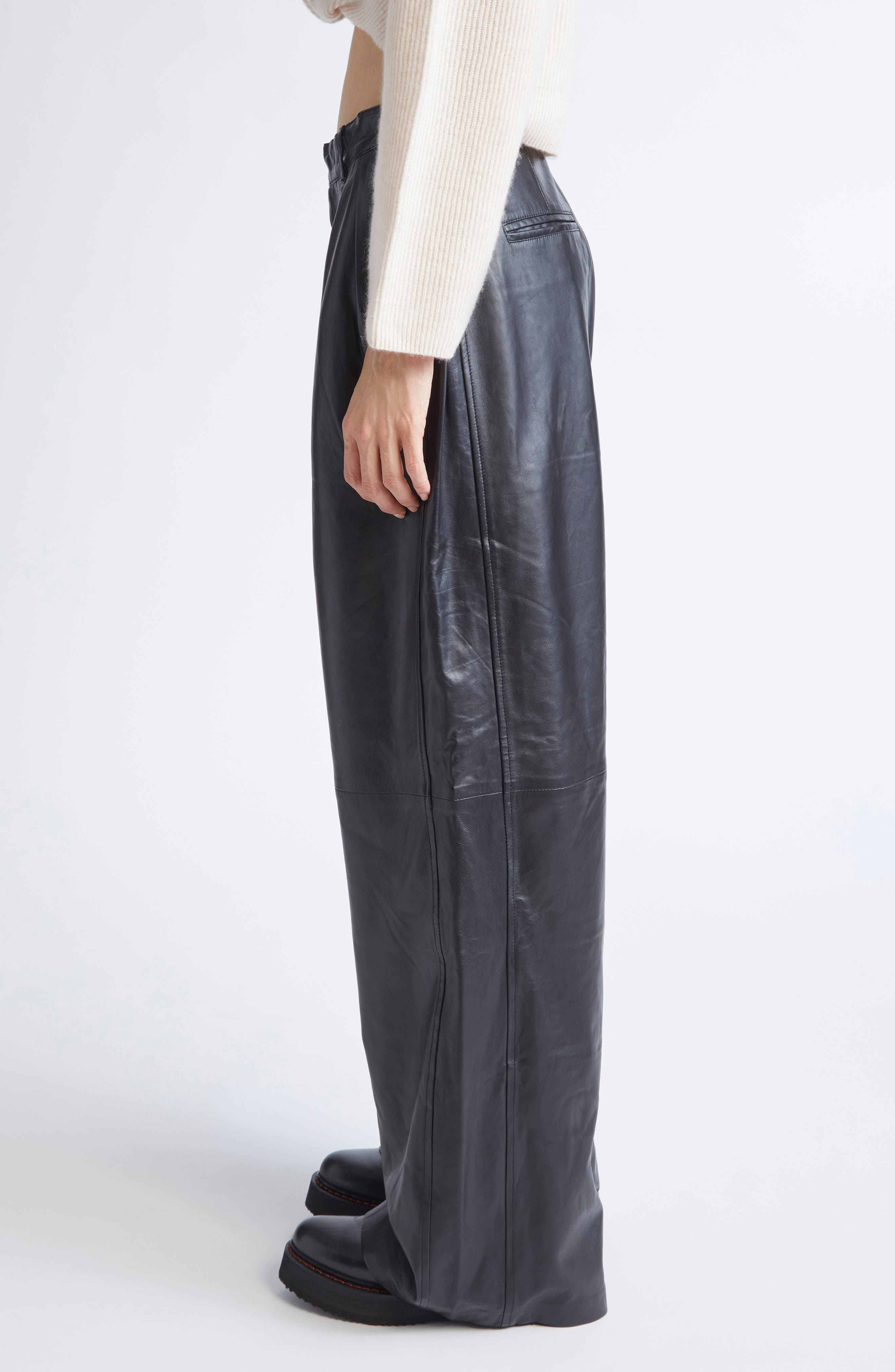 R13 Pleated Wide Leg Leather Pants in Black at Nordstrom - 4